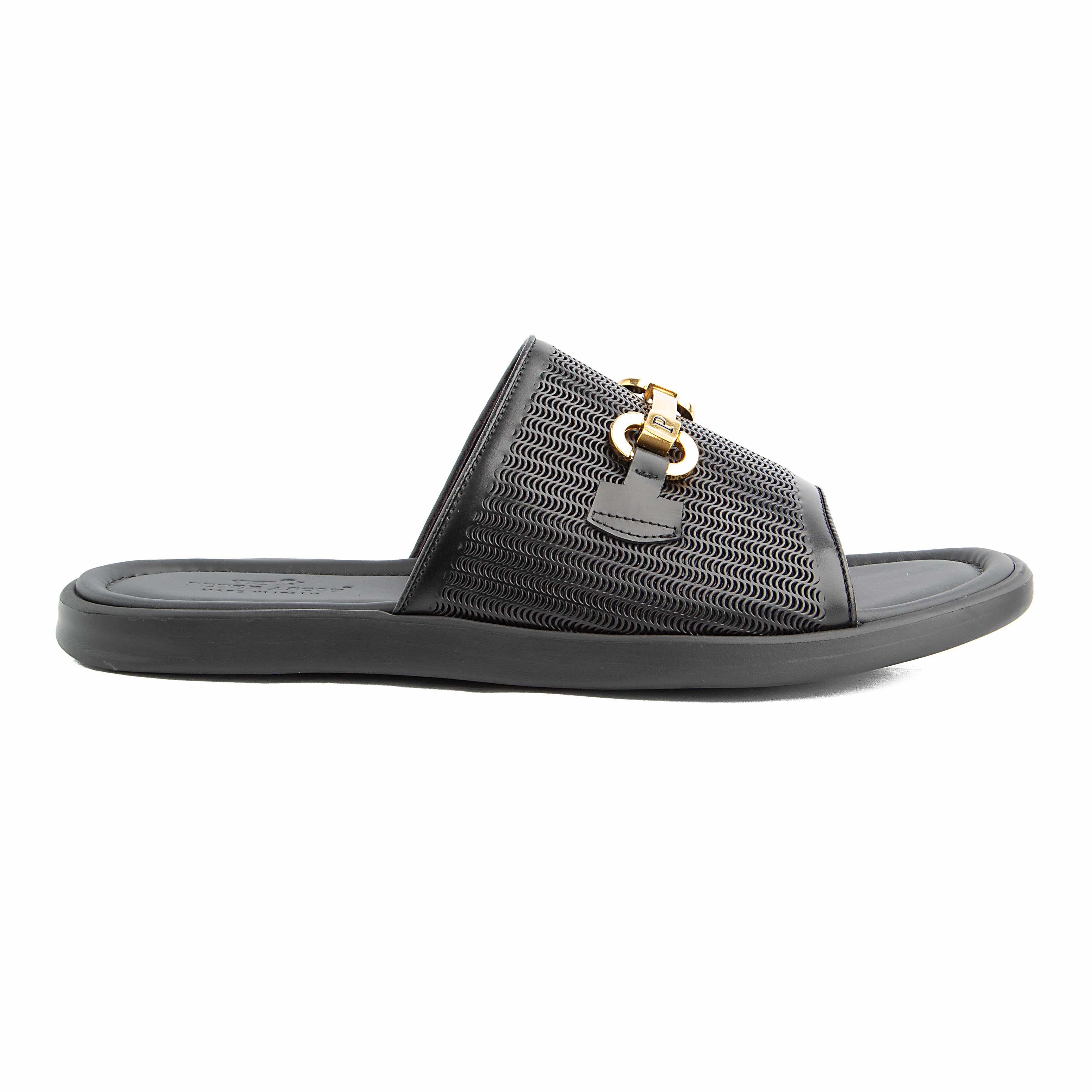 Peter Ascot Men's Black Leather Gold Buckle Slides