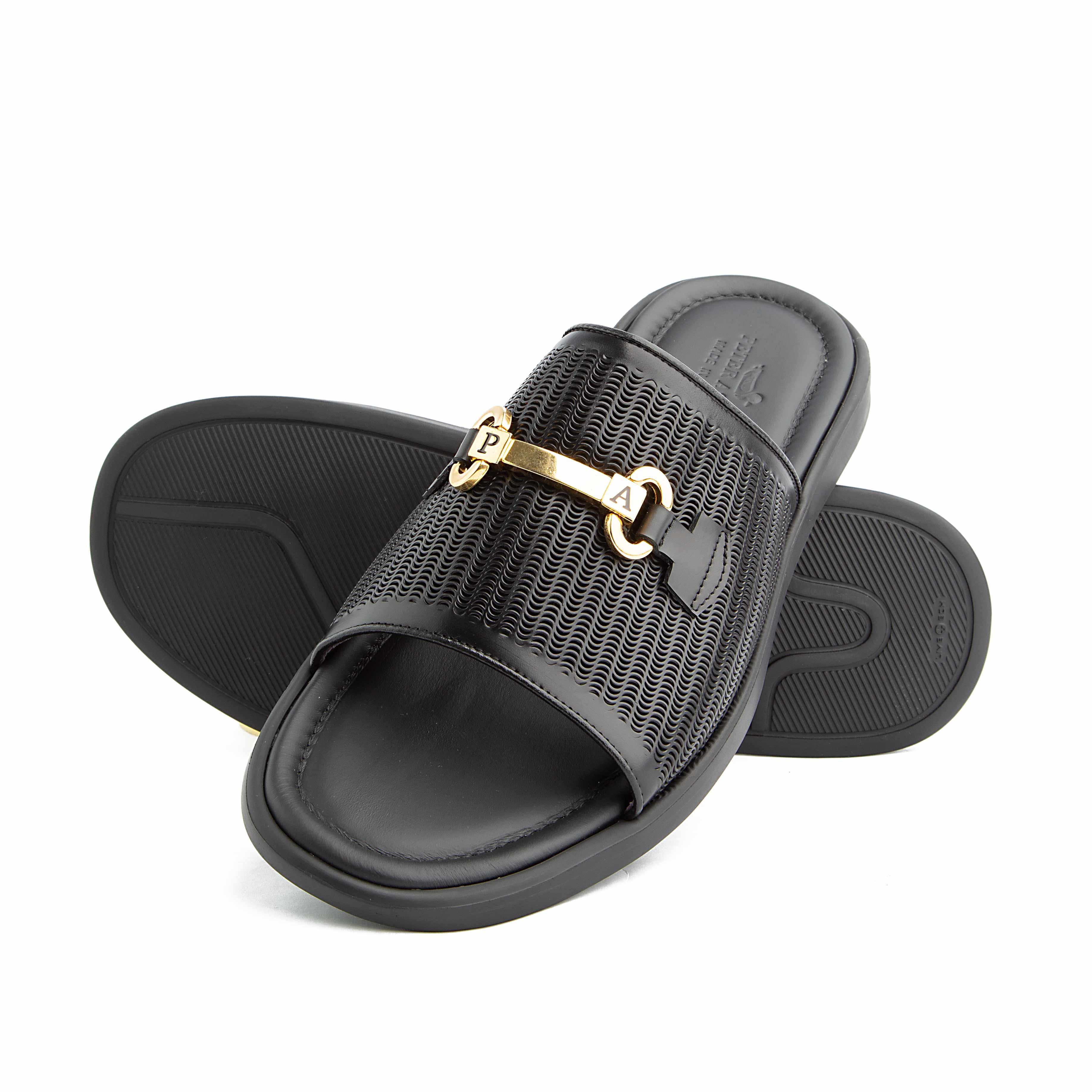 Peter Ascot Men's Black Leather Gold Buckle Slides