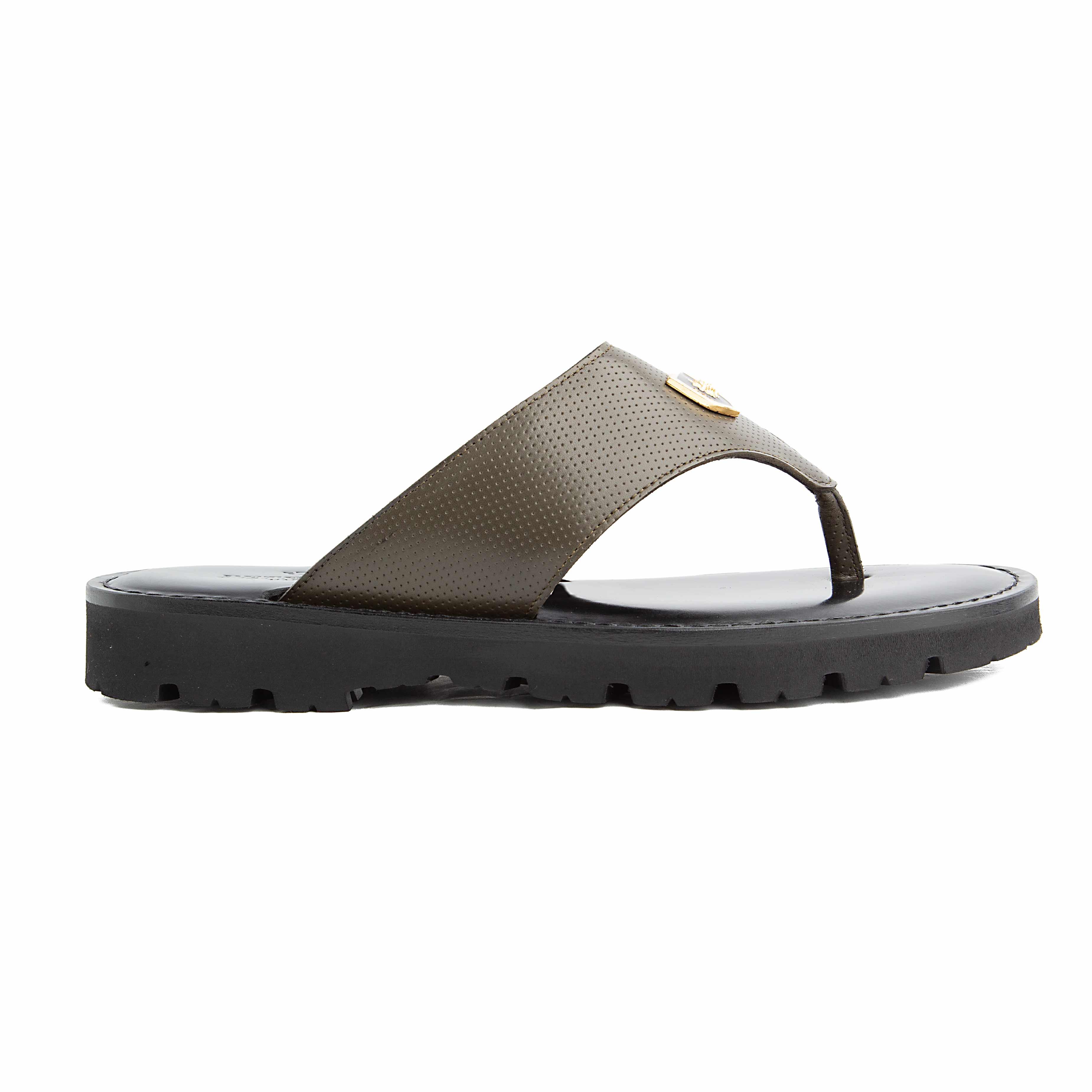 Peter Ascot Men's Olive Leather Emblem Thong Sandals