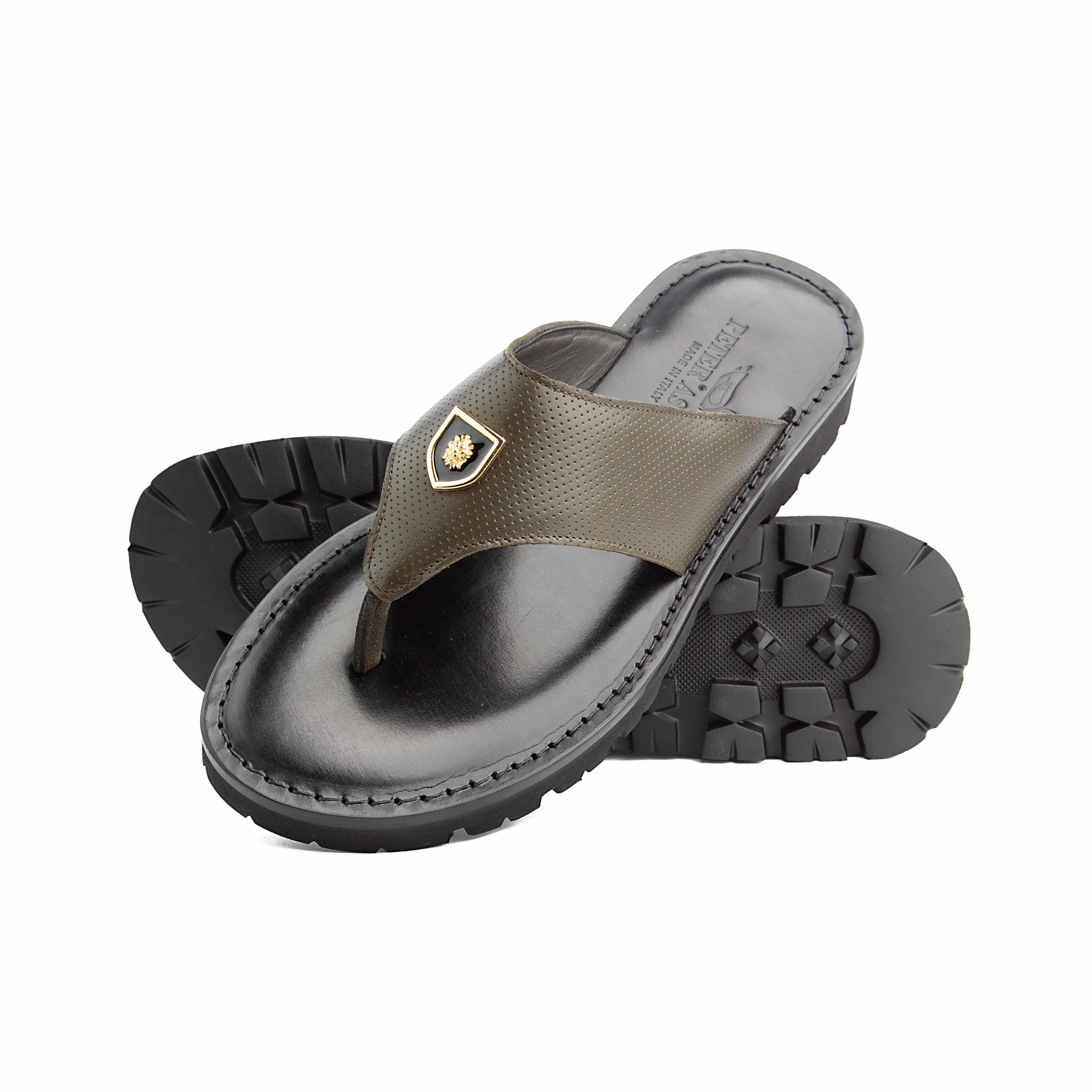 Peter Ascot Men's Olive Leather Emblem Thong Sandals