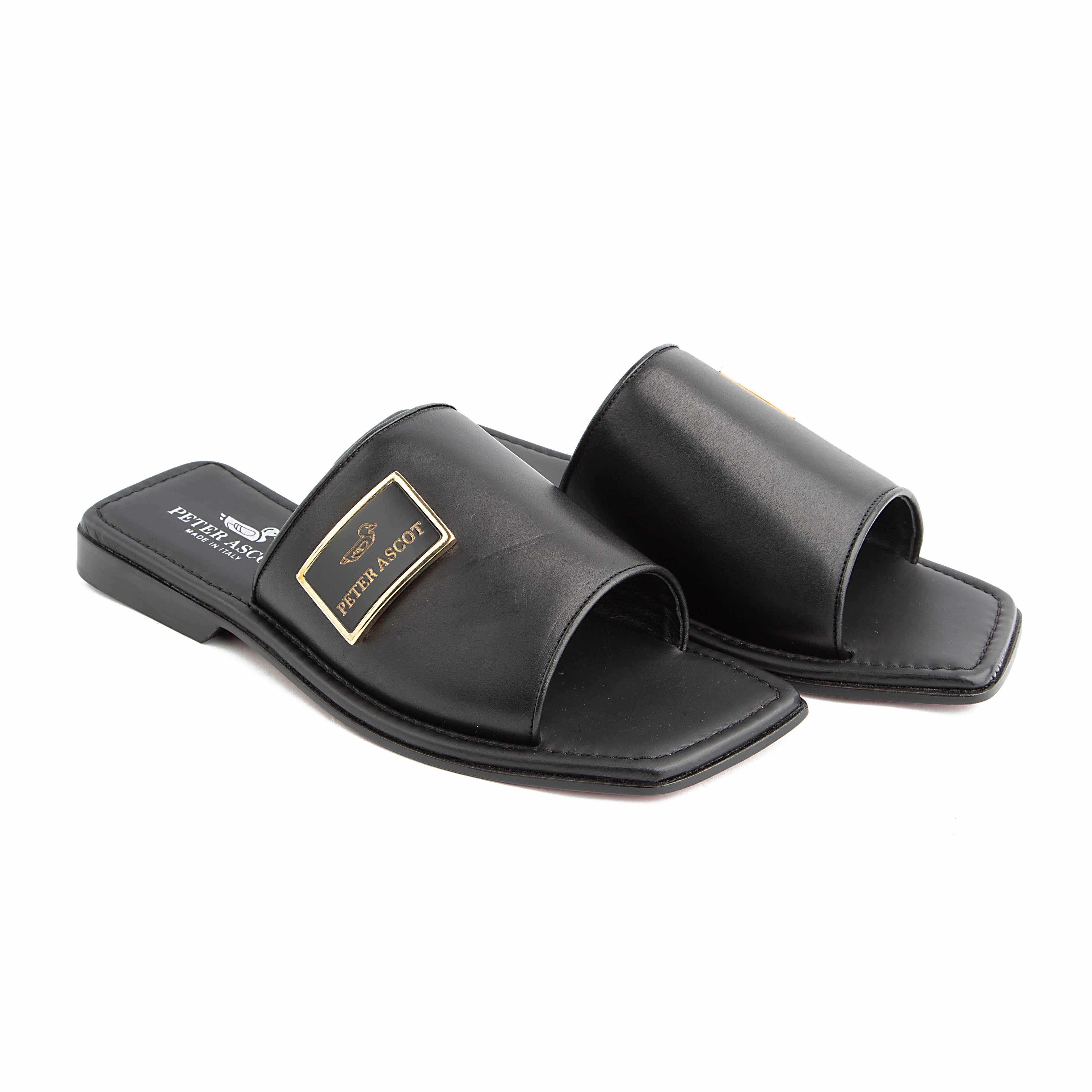 Peter Ascot Men's Black Leather Gold Plaque Slides