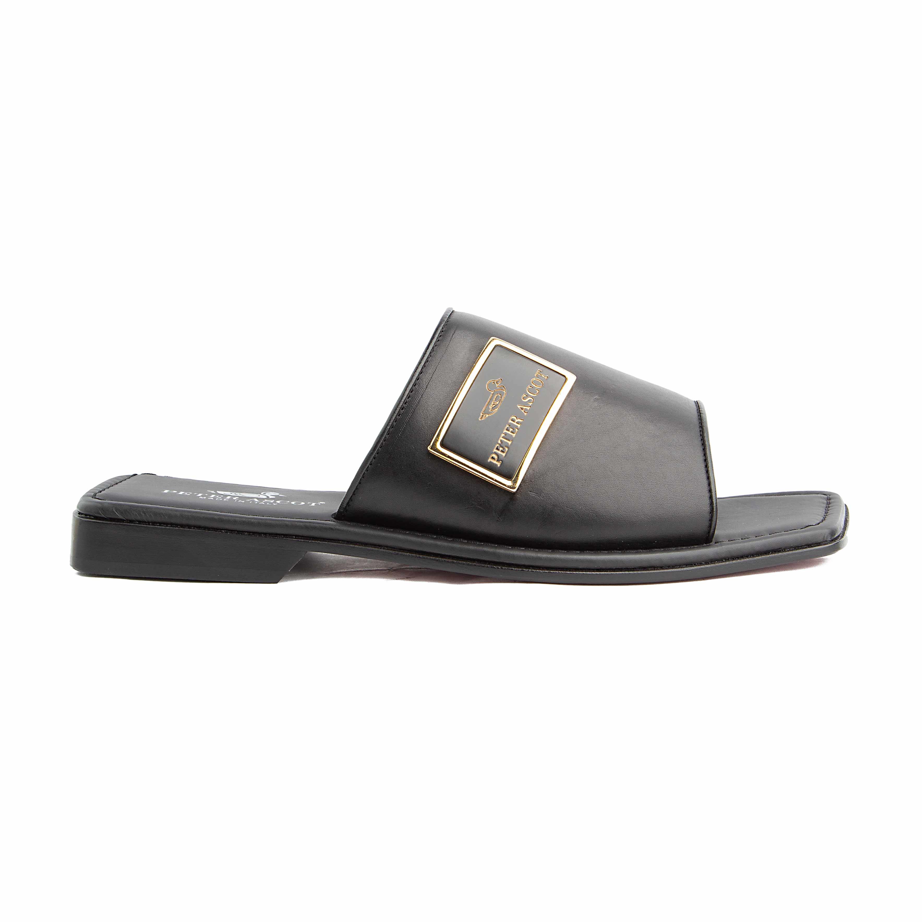 Peter Ascot Men's Black Leather Gold Plaque Slides