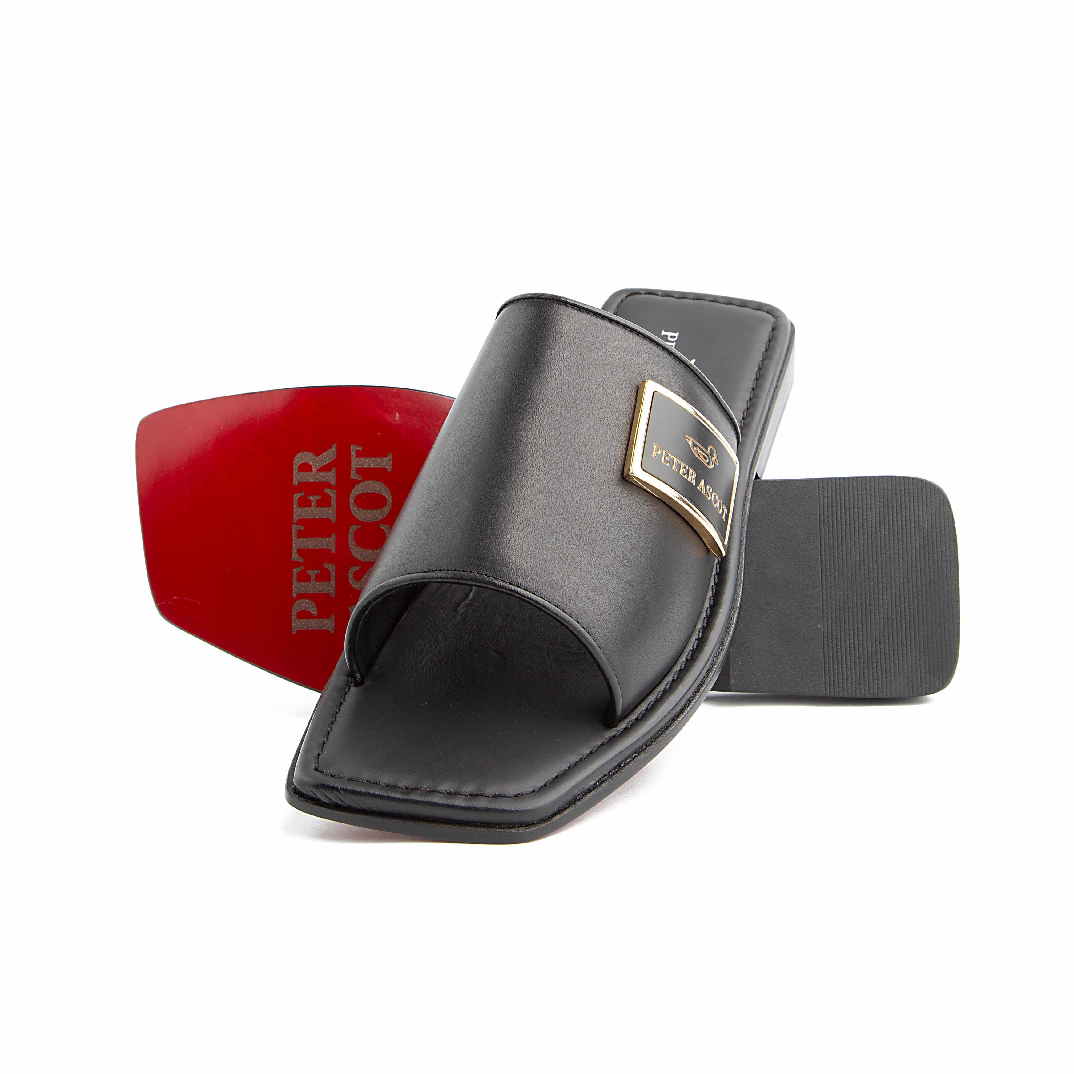 Peter Ascot Men's Black Leather Gold Plaque Slides