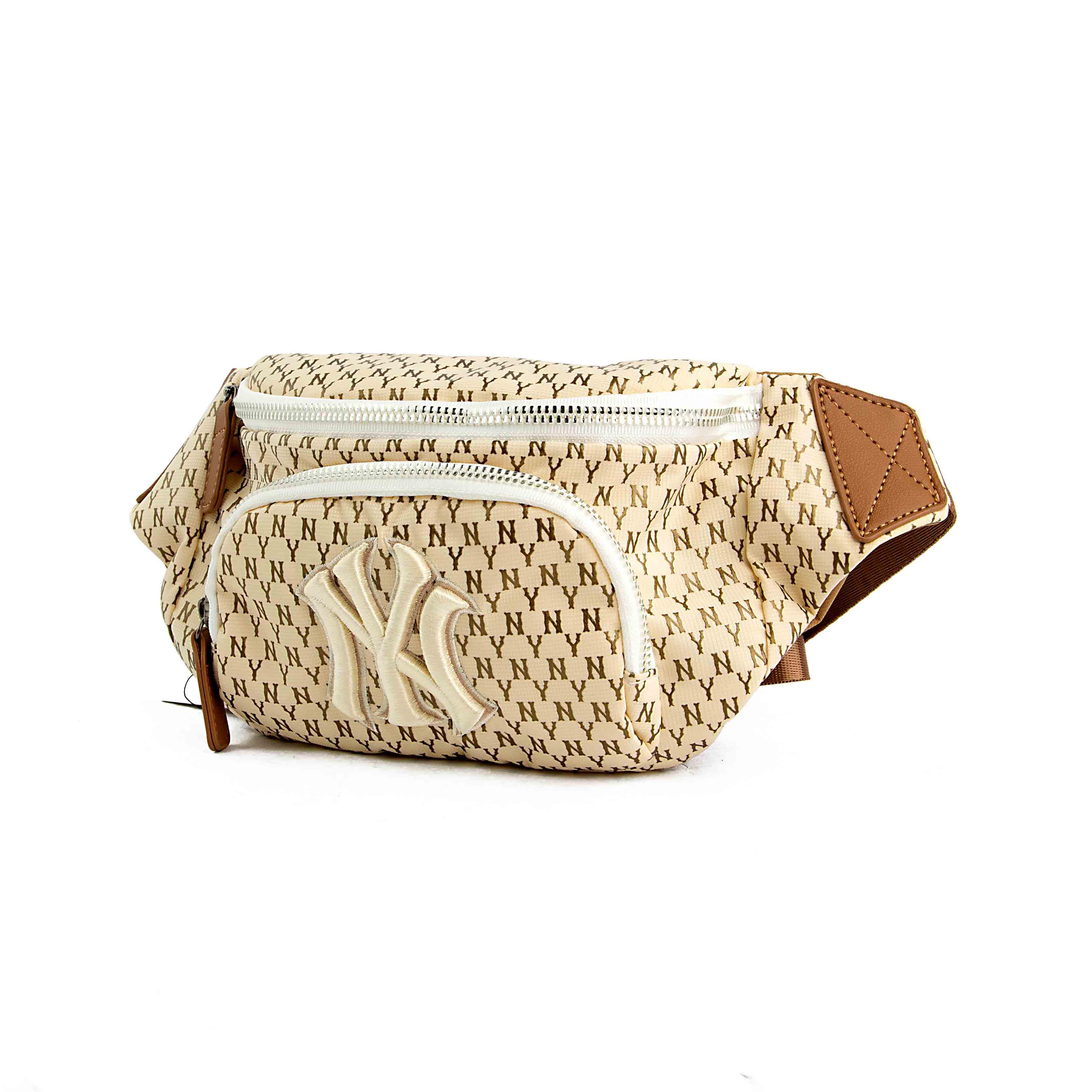 MLB tan logo-print waist bag, khaki fanny pack, adjustable strap, unisex, zippered pouch, sports fan gear, men's and women's accessory.