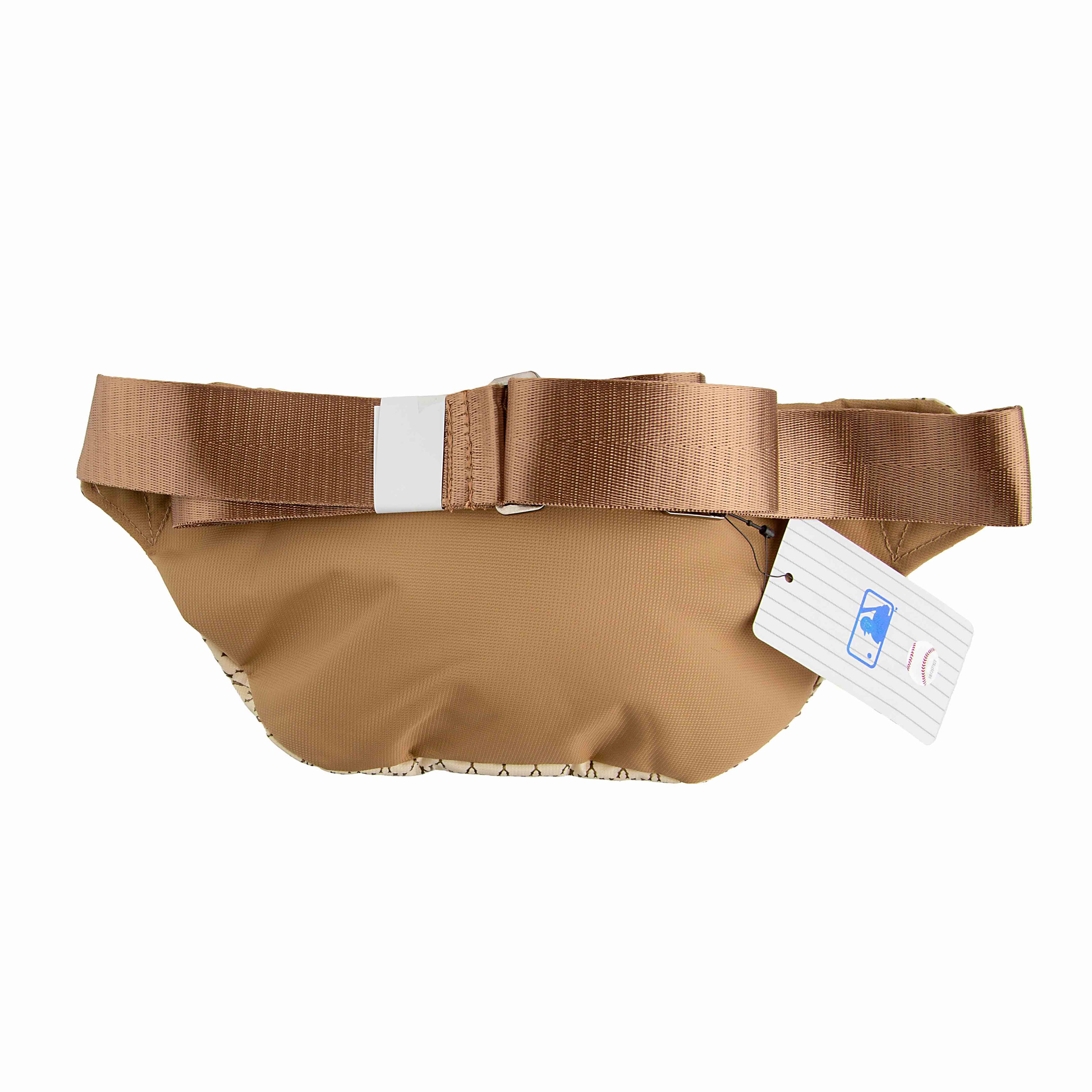 MLB tan logo-print waist bag, khaki fanny pack, adjustable strap, unisex, zippered pouch, sports fan gear, men's and women's accessory.