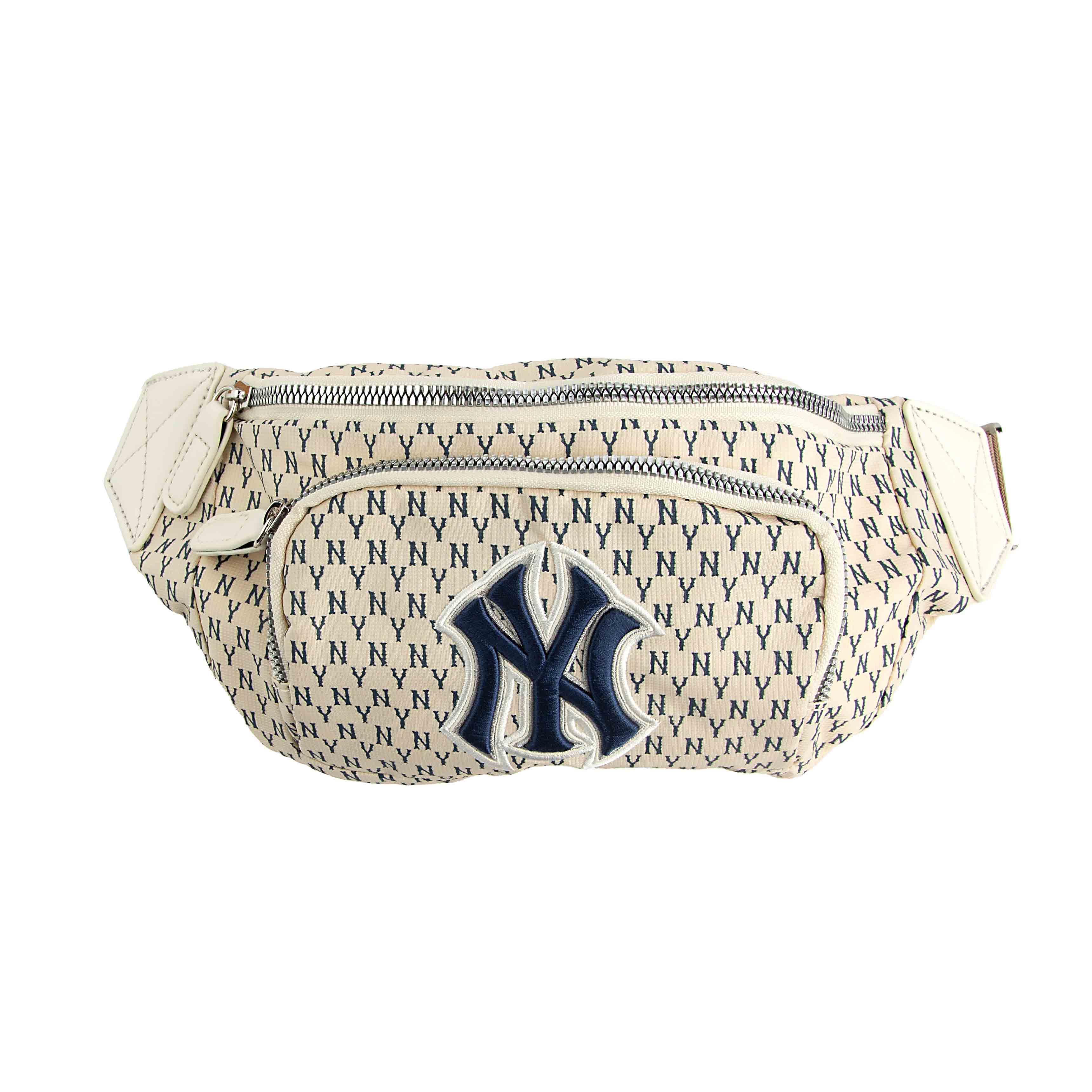 Stylish New York Yankees monogram fanny pack in cream and dark blue. 