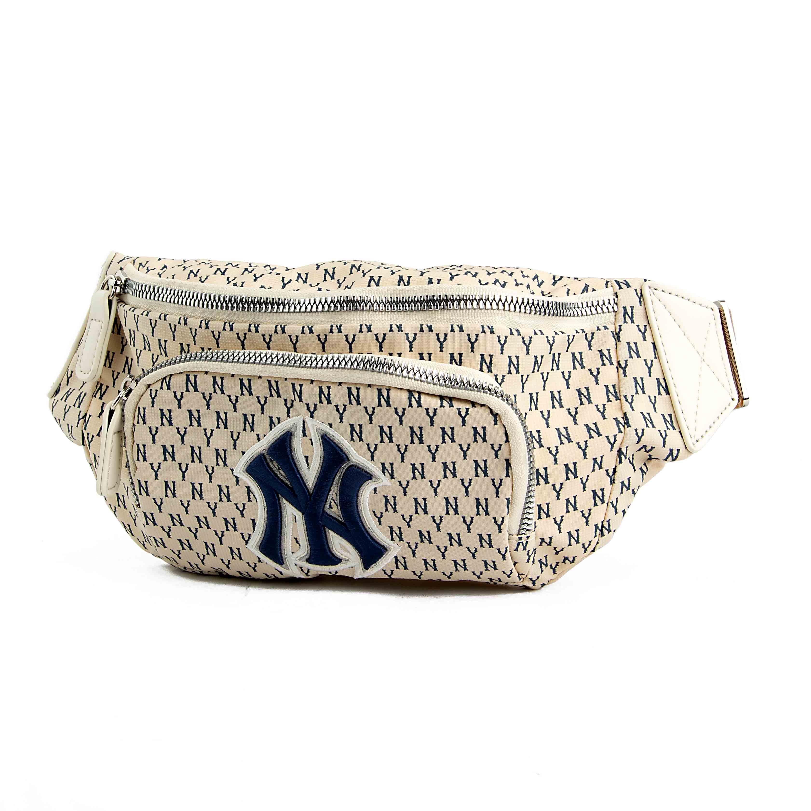 This is a stylish and compact fanny pack featuring a New York Yankees monogram pattern.