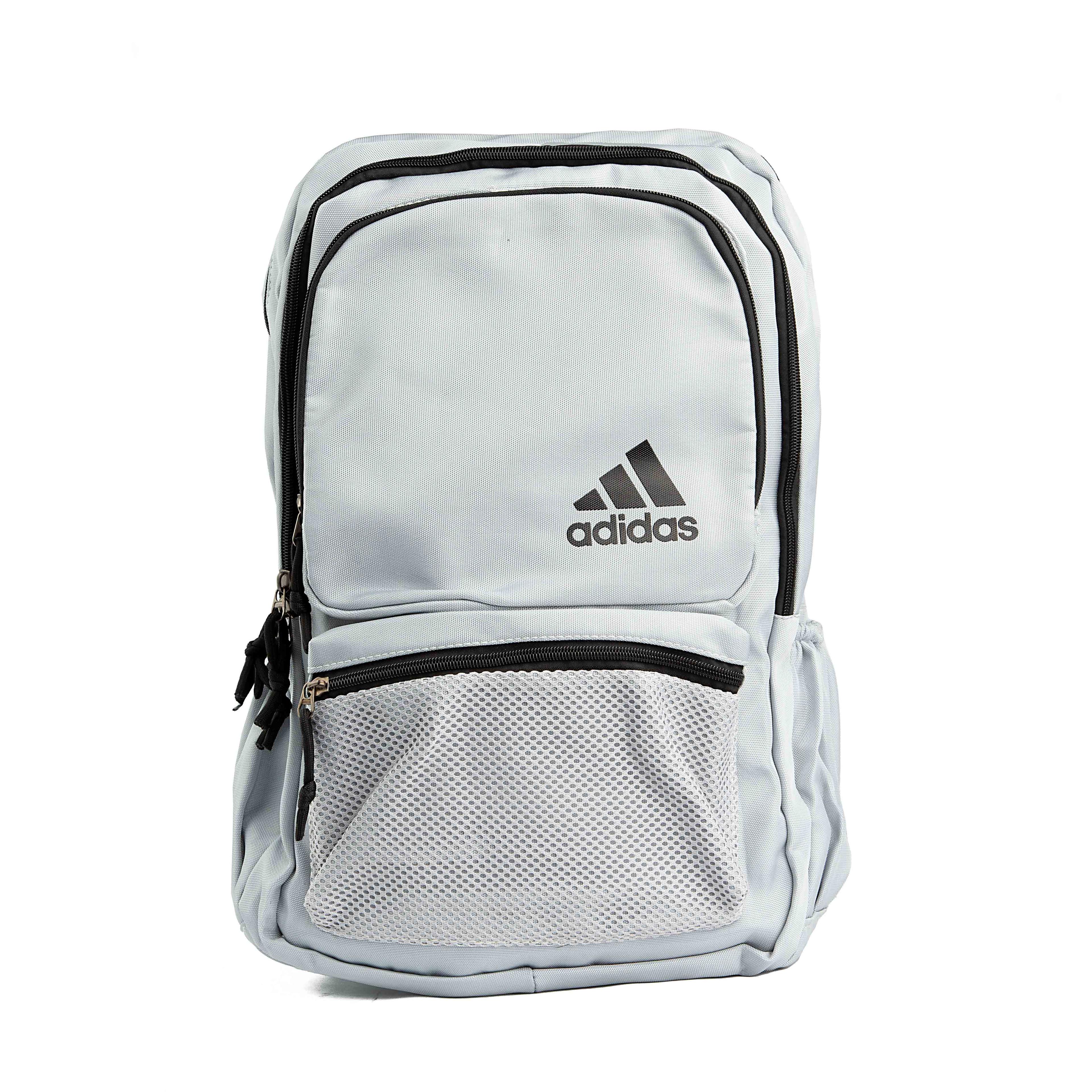 This is a minimalist, light grey backpack with a classic design. 