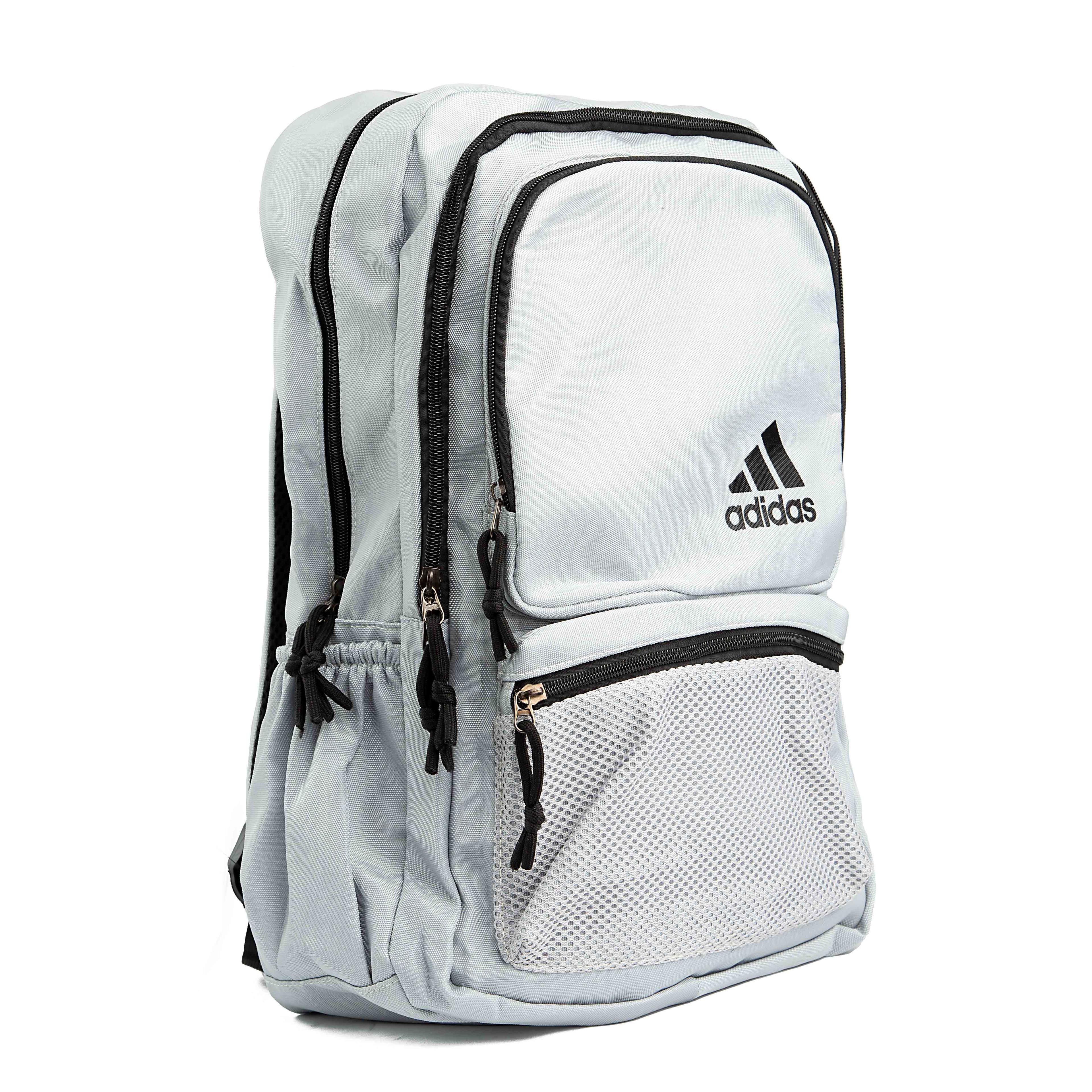 This is a minimalist, light grey backpack with a classic design. 
