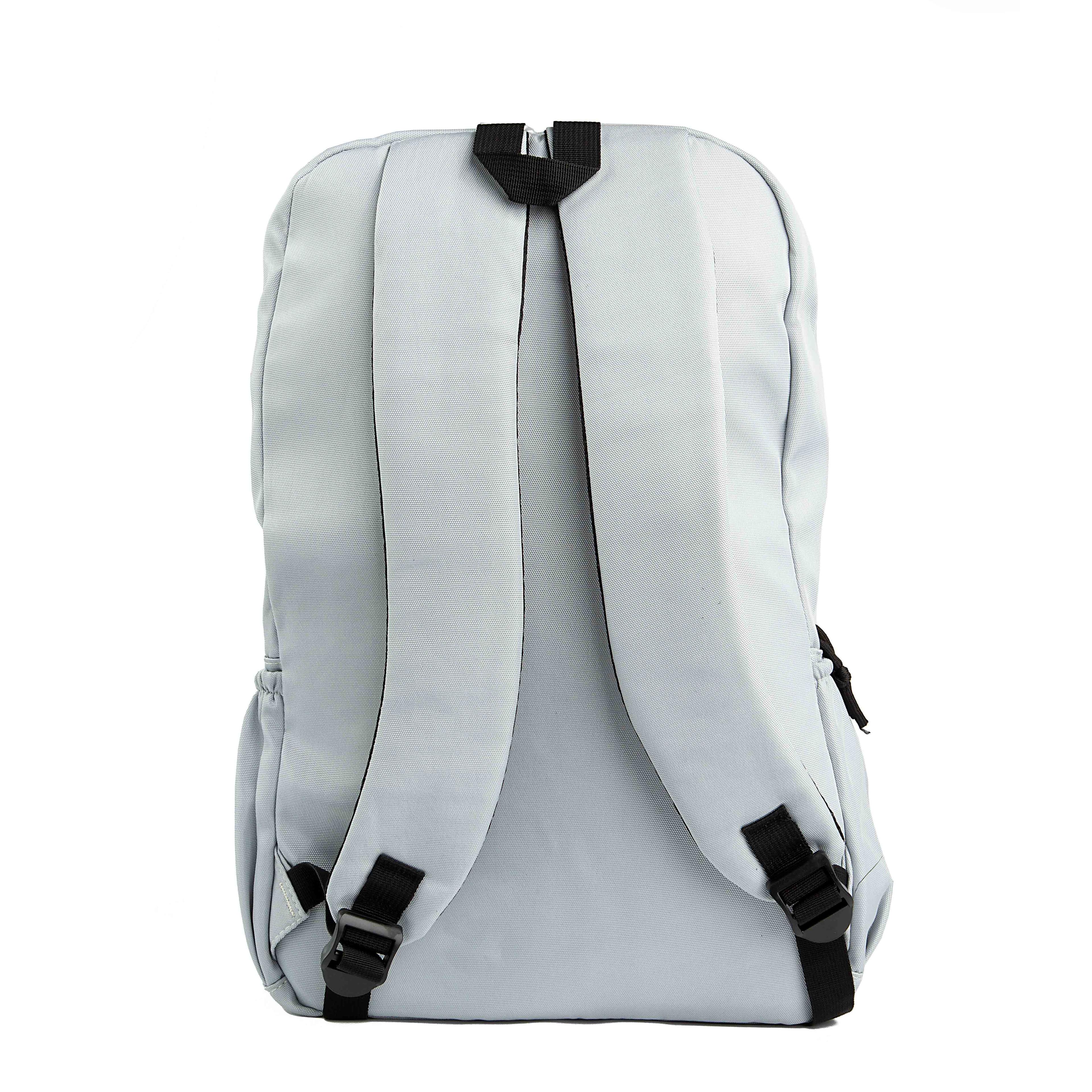 This is a minimalist, light grey backpack with a classic design. 