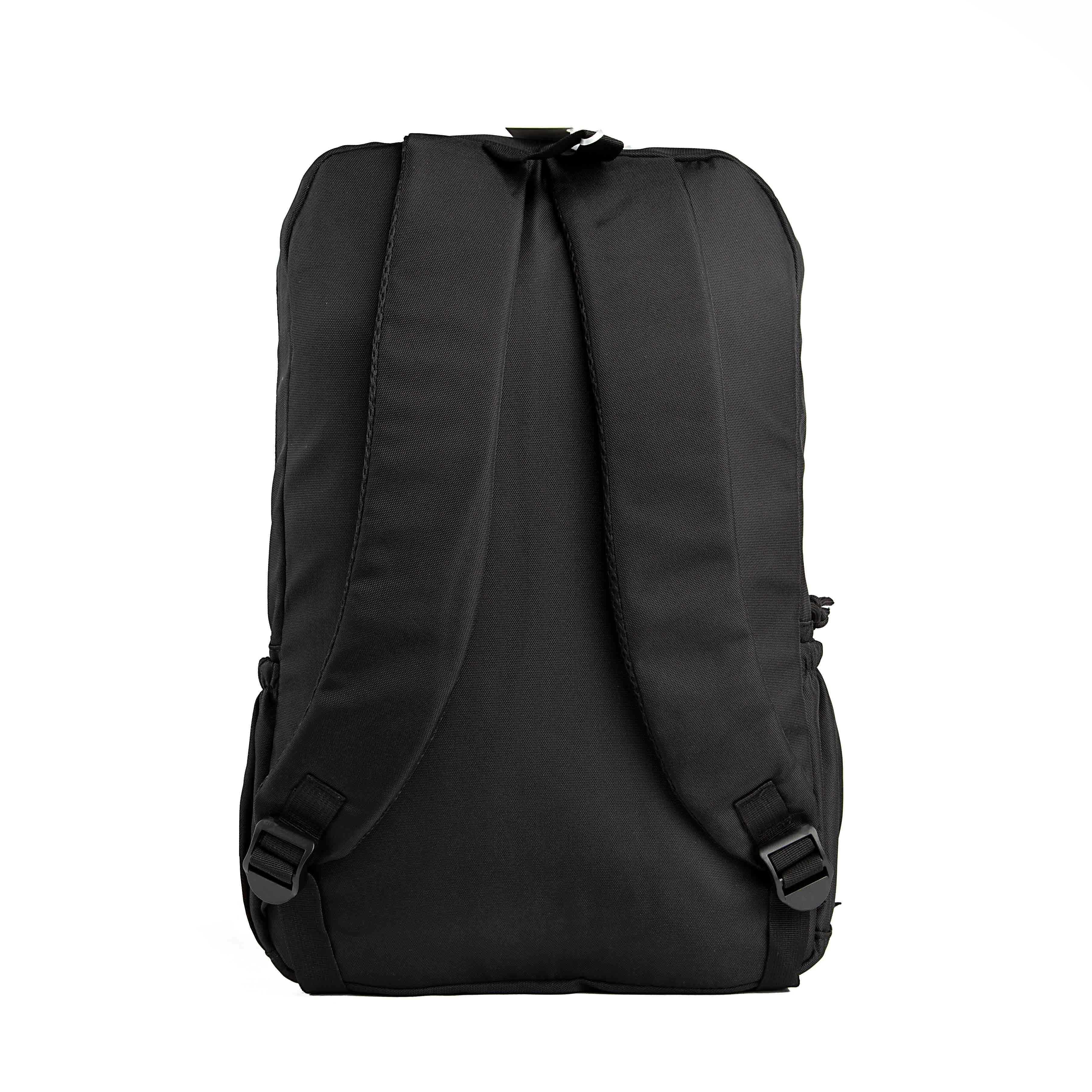 This is a classic black backpack from adidas, featuring the iconic white "adidas" logo and the three stripes on the front.