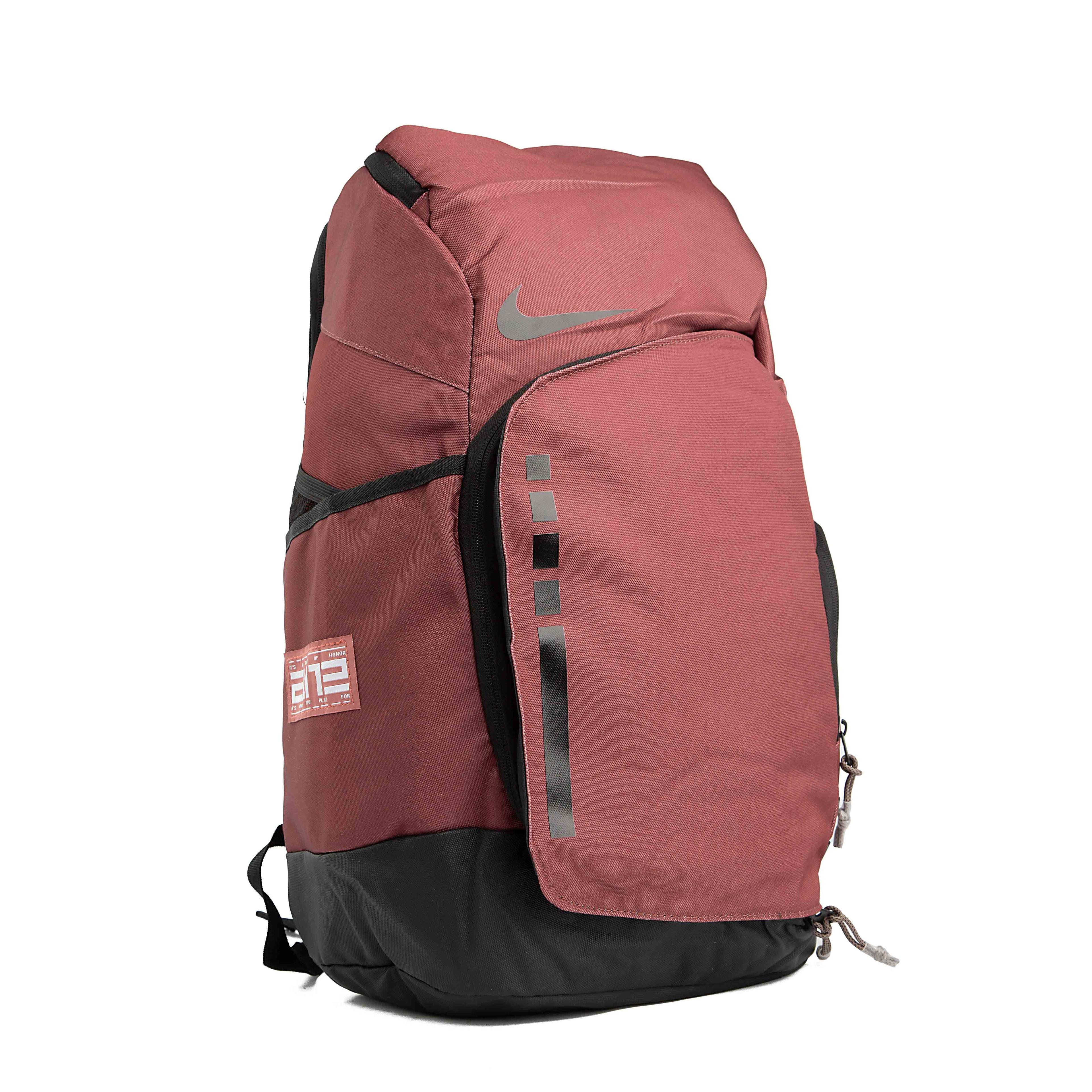 Nike Elite Pro basketball backpack, maroon, black logo, unisex, sports bag, gym bag, shoe compartment, athletic rucksack, men's and women's accessory.