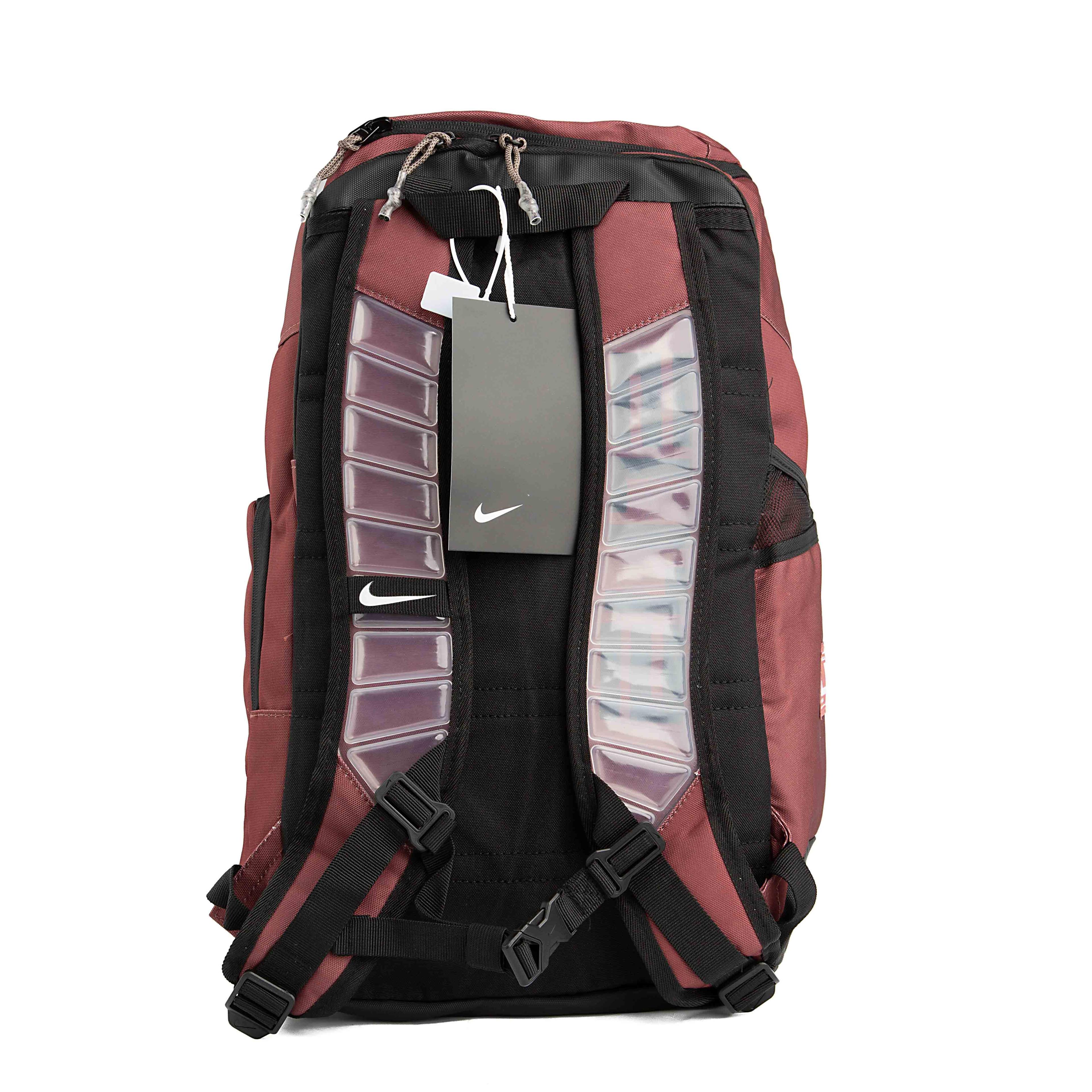 Nike Elite Pro basketball backpack, maroon, black logo, unisex, sports bag, gym bag, shoe compartment, athletic rucksack, men's and women's accessory.