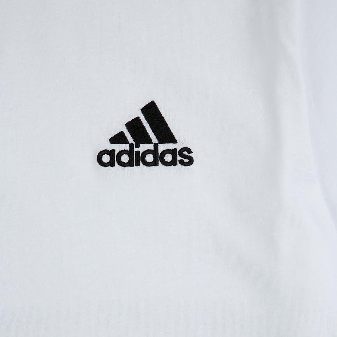 A white Adidas  T-Shirt with a small, black Adidas logo on the left chest.