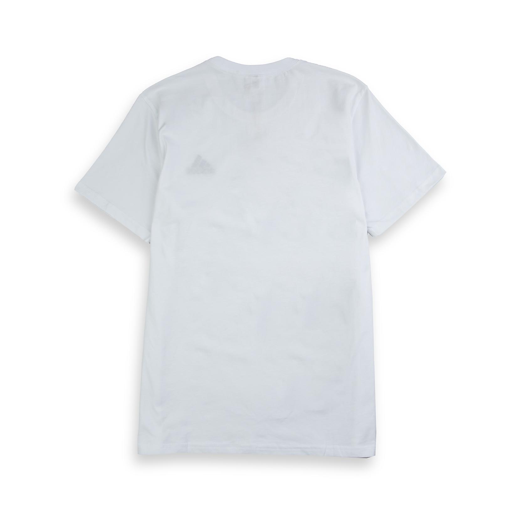 A white Adidas  T-Shirt with a small, black Adidas logo on the left chest.