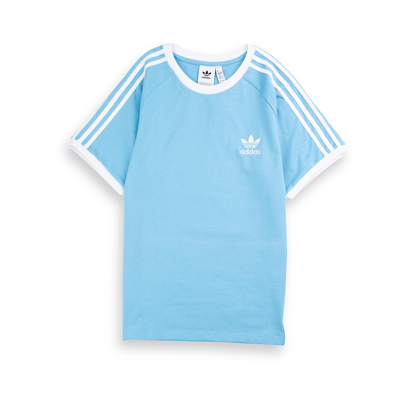  Elevate your everyday style with the timeless Adidas Originals 3-Stripes T-shirt in refreshing sky blue. Iconic comfort meets classic design
