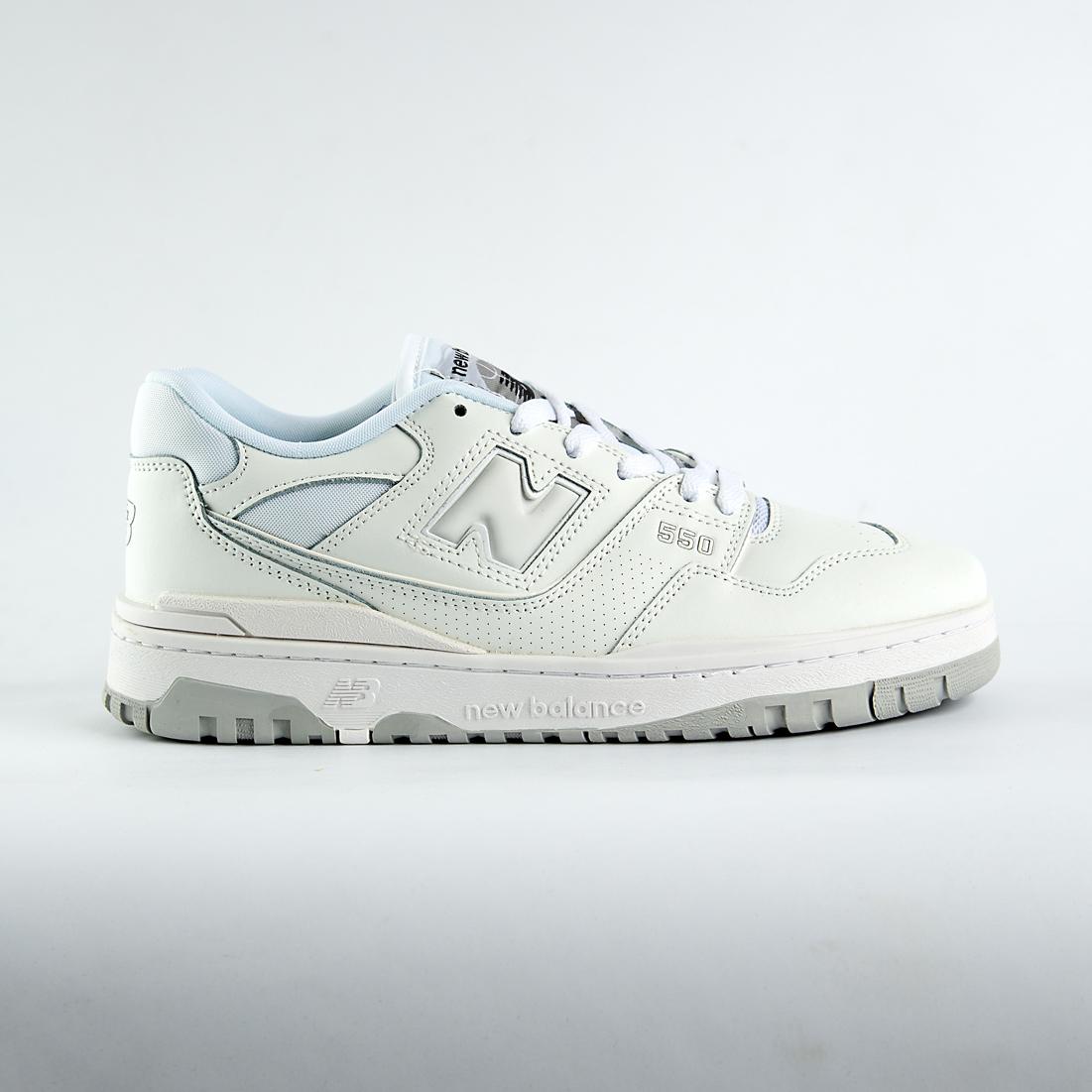 New Balance 550 sneakers in an off-white and light gray colorway. A classic low-top style with a minimalist look for men and women.