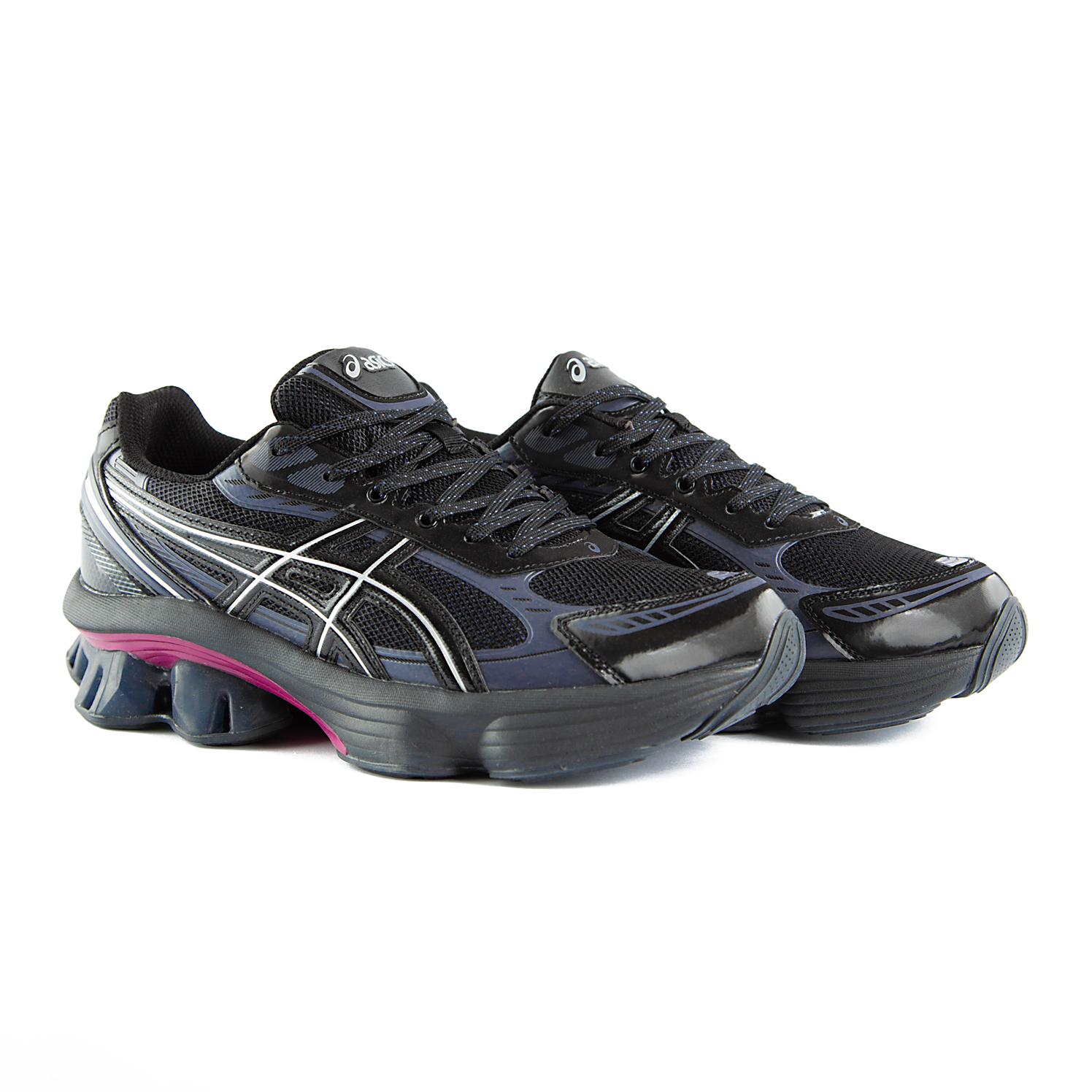 Asics GEL-Kinsei running shoes in a black, white, and magenta colorway. High-performance, futuristic design for men and women.