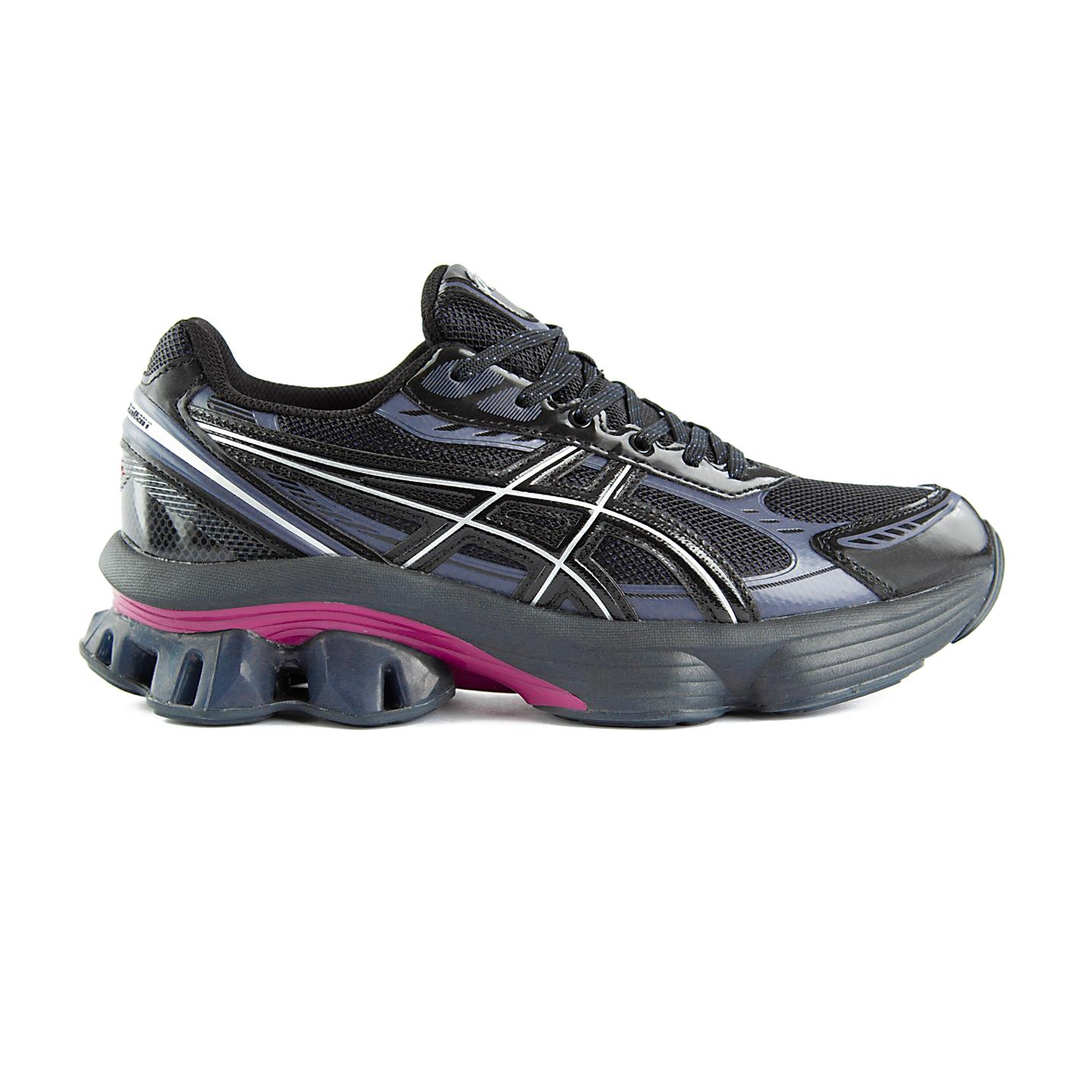 Asics GEL-Kinsei running shoes in a black, white, and magenta colorway. High-performance, futuristic design for men and women.