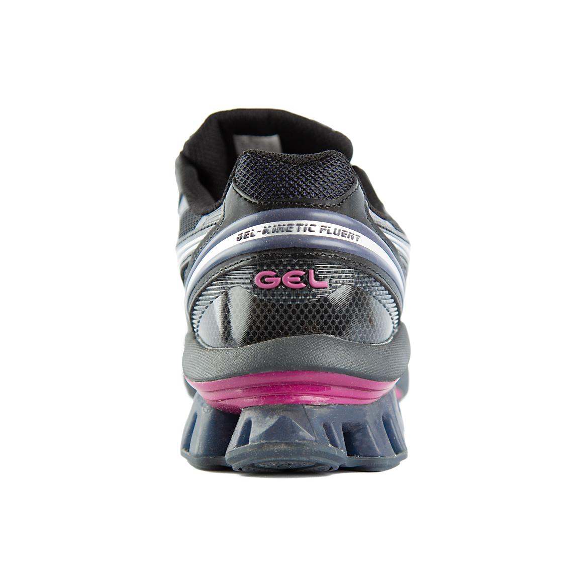 Asics GEL-Kinsei running shoes in a black, white, and magenta colorway. High-performance, futuristic design for men and women.