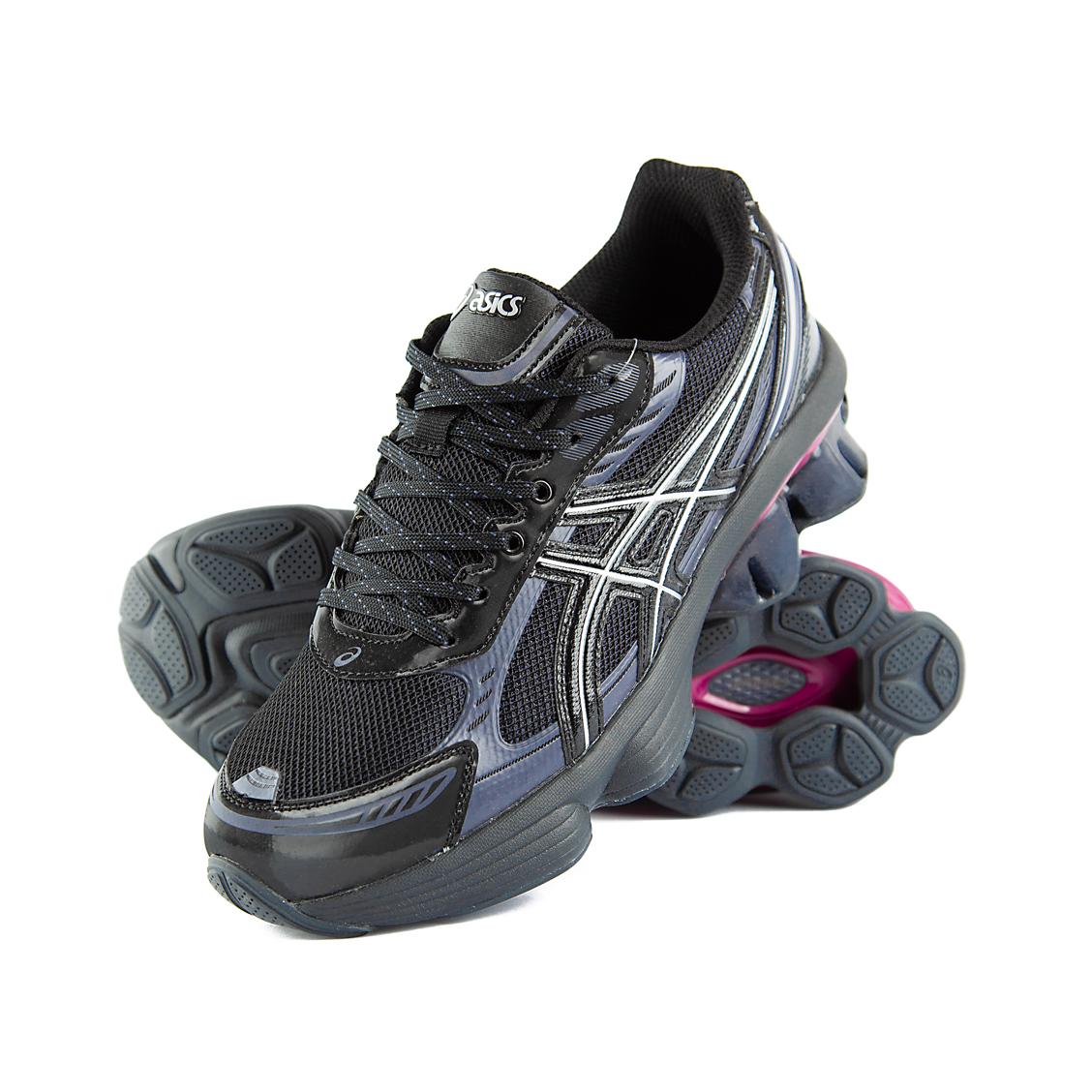 Asics GEL-Kinsei running shoes in a black, white, and magenta colorway. High-performance, futuristic design for men and women.