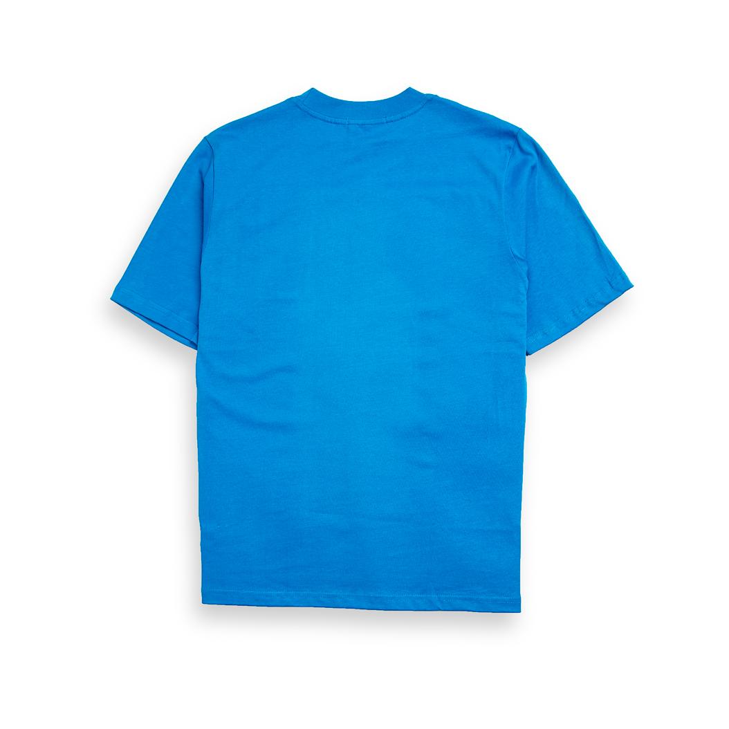 Bright blue Amiri unisex t-shirt with a black printed pocket logo featuring the AMIRI text and M monogram on the chest.