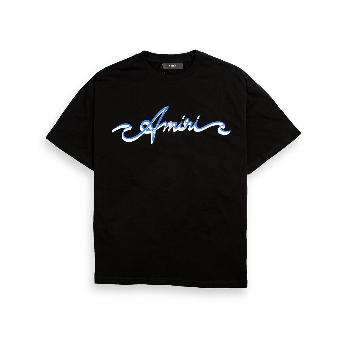 Black Amiri unisex t-shirt with a central white and blue script logo graphic.