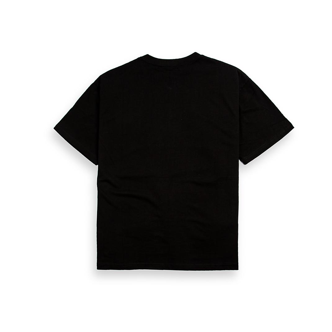 Black Amiri unisex t-shirt with a central white and blue script logo graphic.