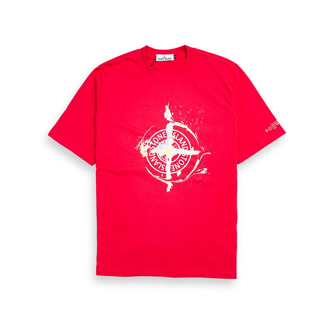 Scarlet red Stone Island t-shirt with distressed Compass logo graphic on chest, short sleeves, designer casual wear.