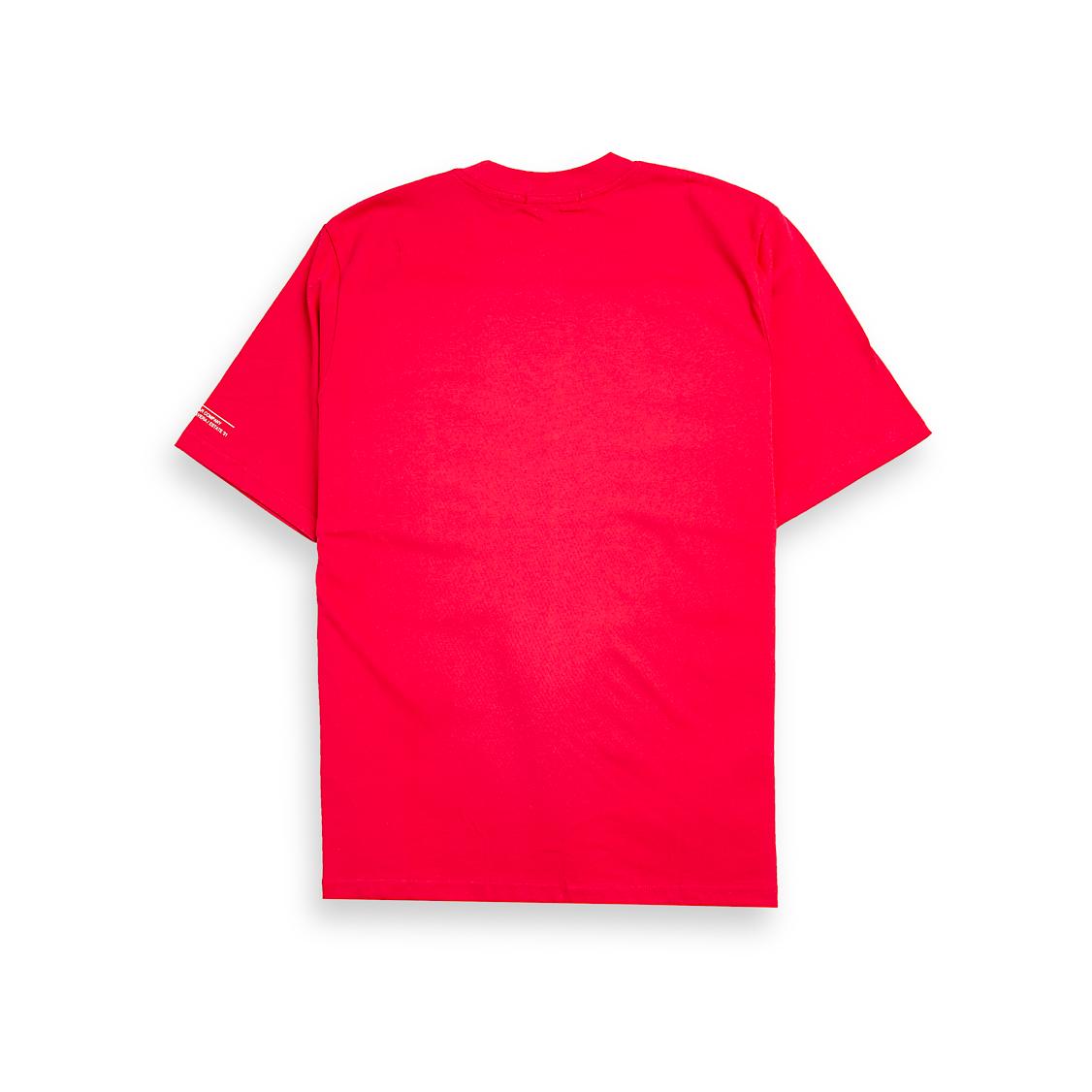 Scarlet red Stone Island t-shirt with distressed Compass logo graphic on chest, short sleeves, designer casual wear.
