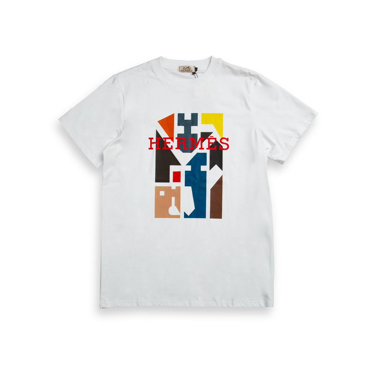 White Hermès t-shirt with large multi-colour abstract geometric logo graphic, luxury designer unisex wear.