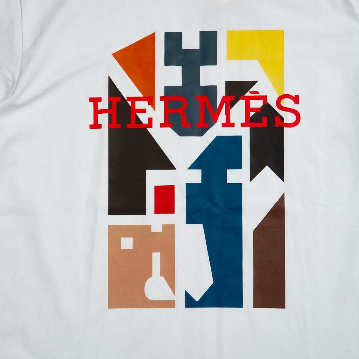 White Hermès t-shirt with large multi-colour abstract geometric logo graphic, luxury designer unisex wear.