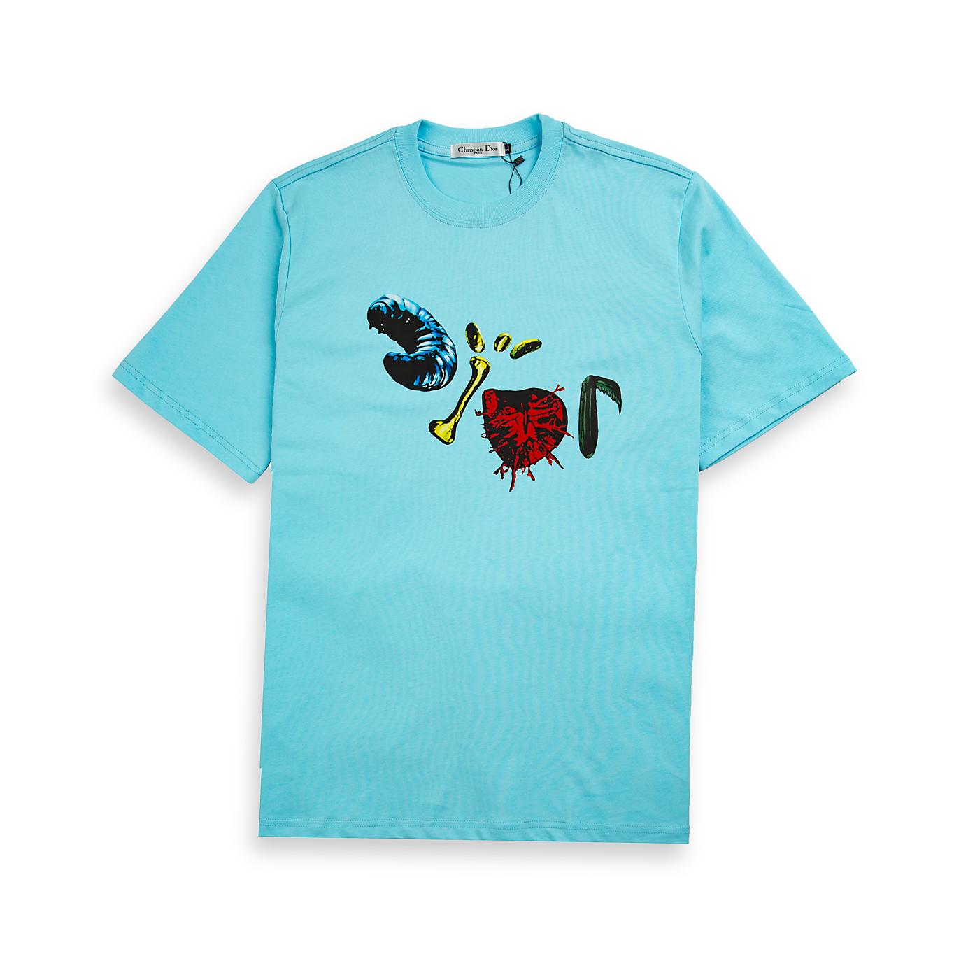 Aqua Blue Christian Dior t-shirt with surreal abstract creature and bone graphic print, luxury designer unisex wear.