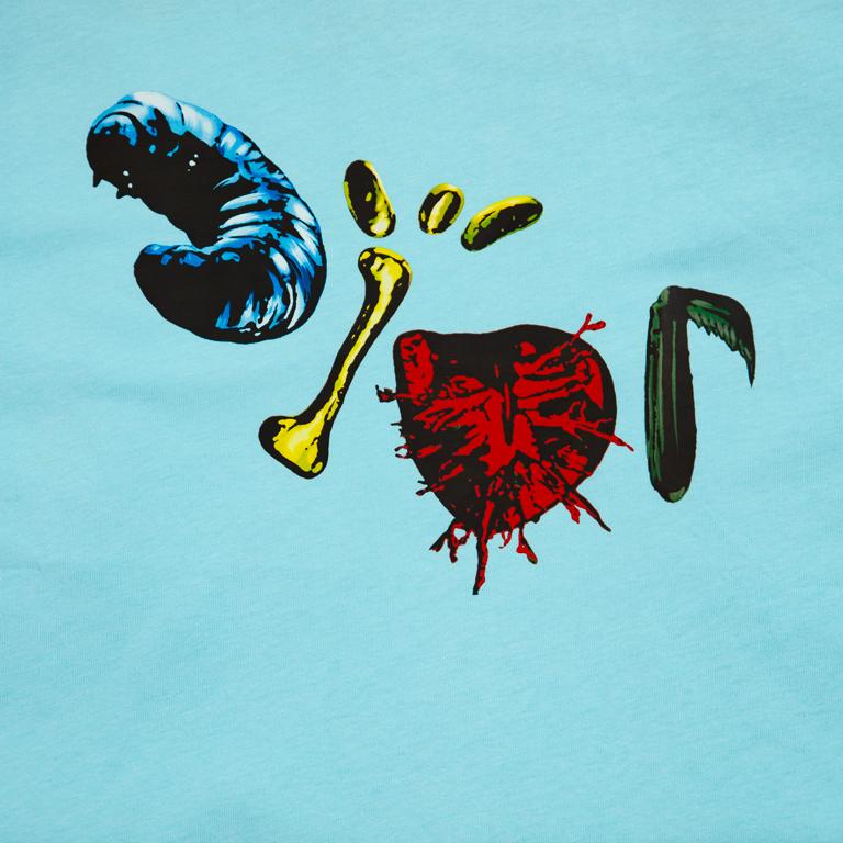 Aqua Blue Christian Dior t-shirt with surreal abstract creature and bone graphic print, luxury designer unisex wear.