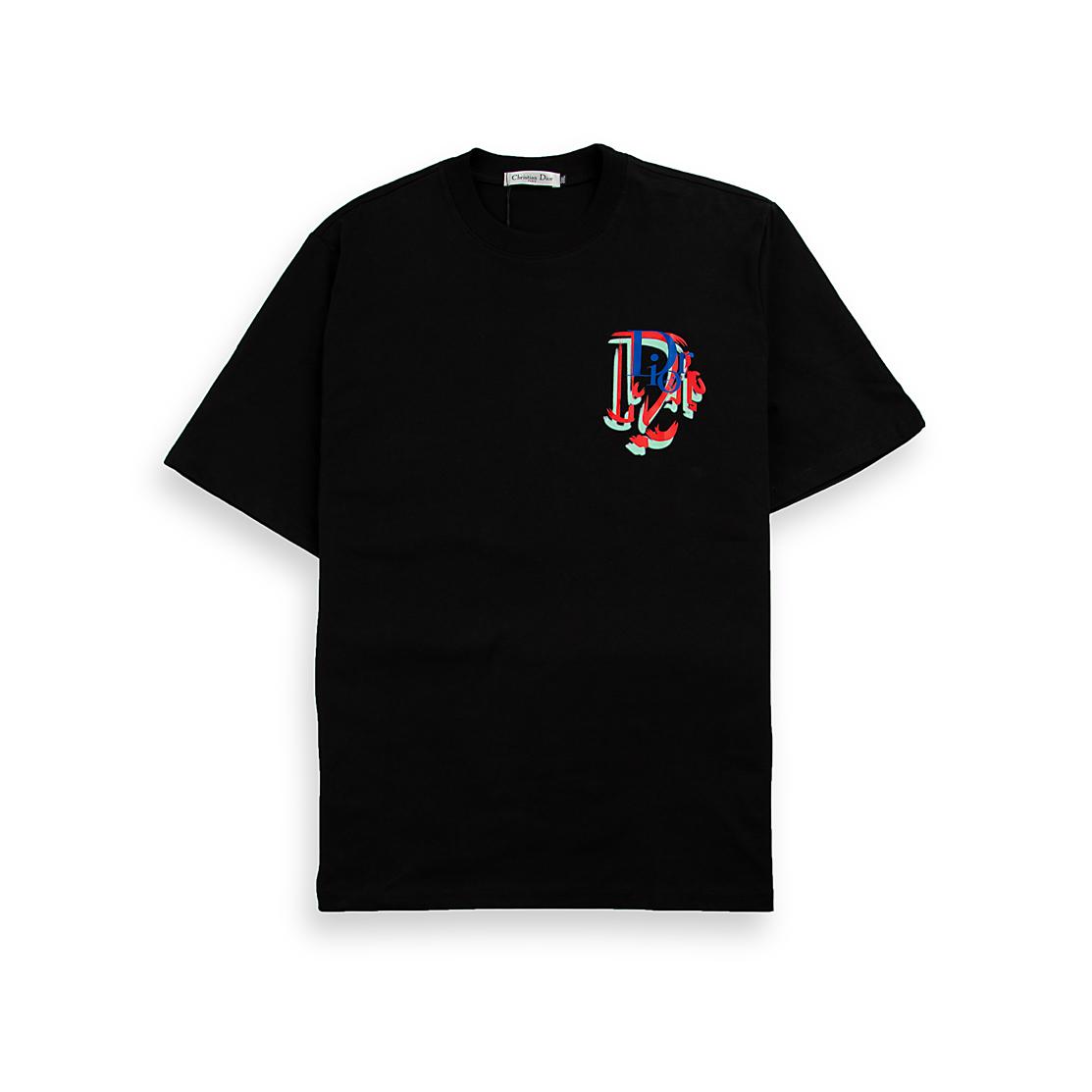 Black Christian Dior t-shirt with small, multi-colour distorted 'D' logo graphic on chest, luxury unisex wear.