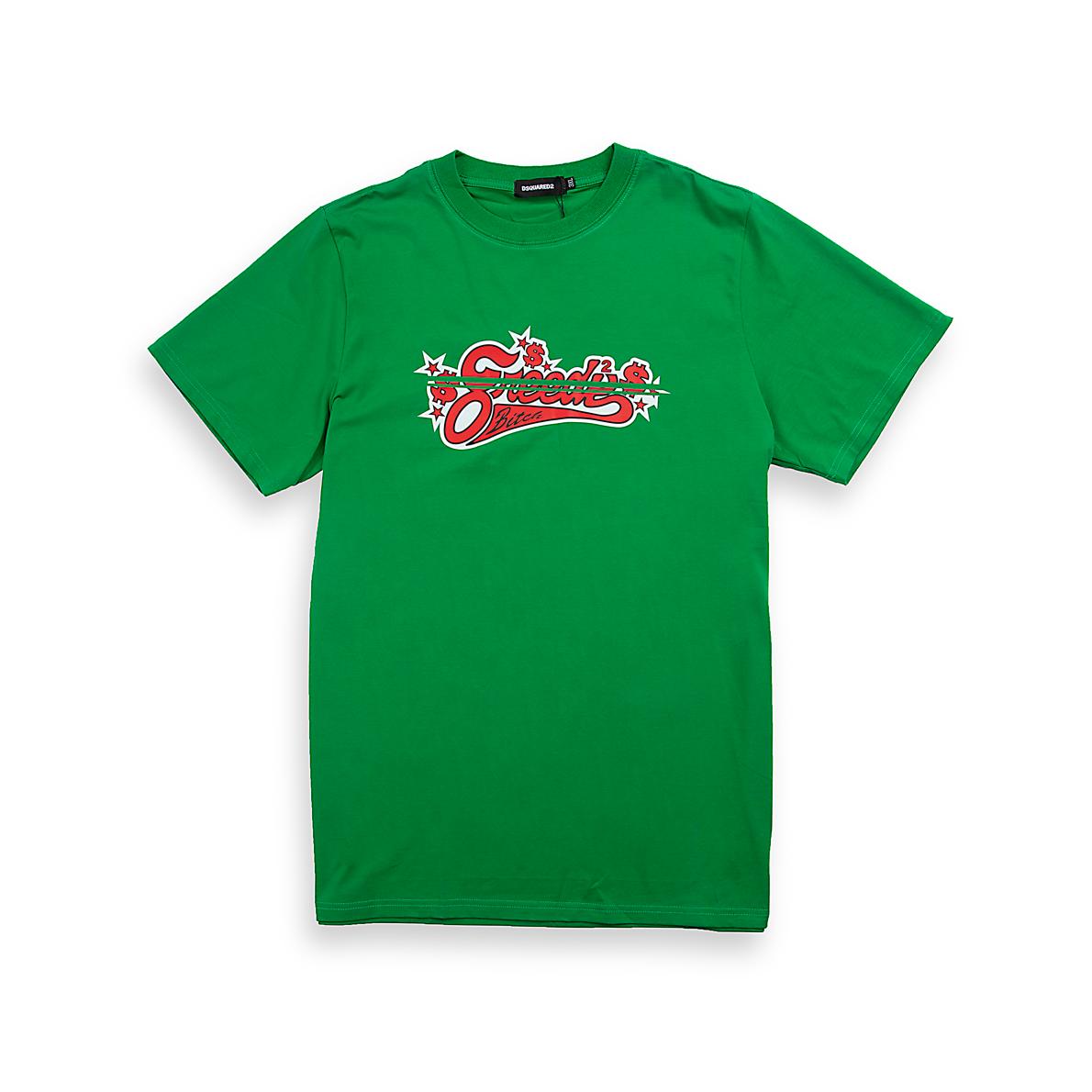 Emerald Green Dsquared2 t-shirt with red and white "Greedy Official" script logo and rose graphic, unisex streetwear.