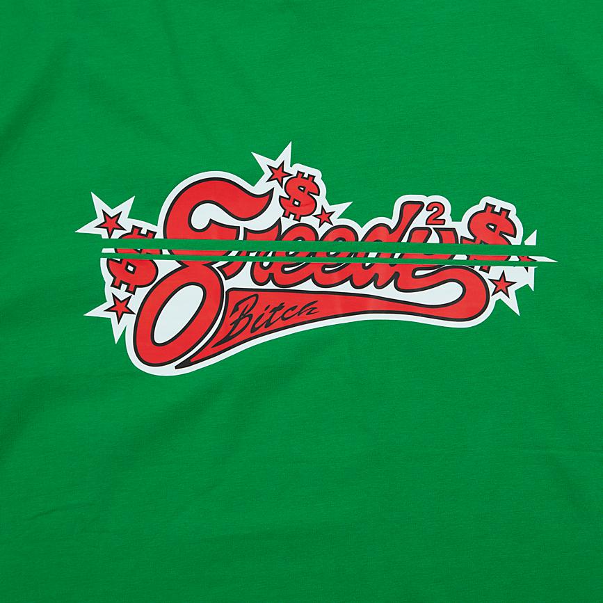 Emerald Green Dsquared2 t-shirt with red and white "Greedy Official" script logo and rose graphic, unisex streetwear.