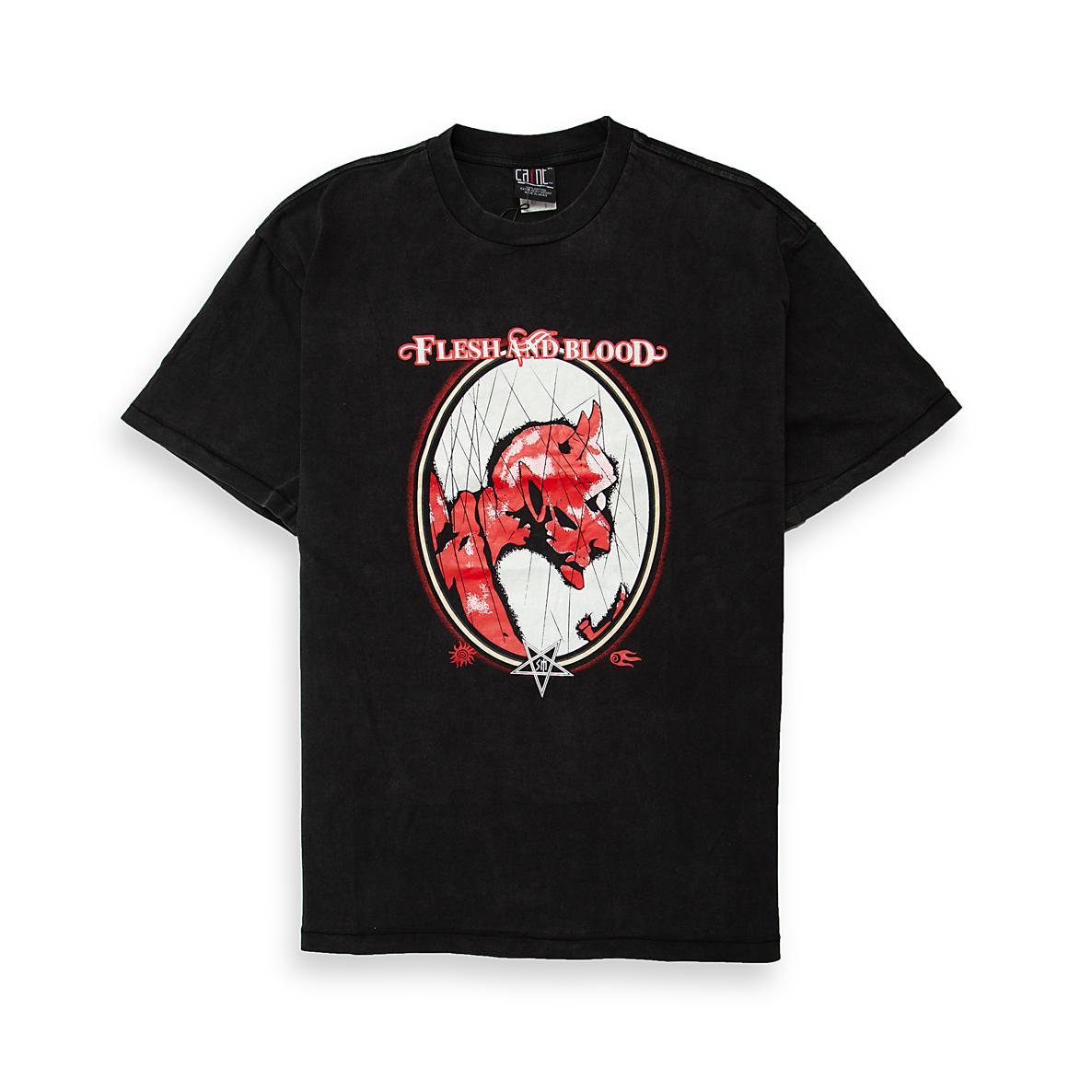 A black, short-sleeve t-shirt with a vintage, washed or faded finish, suggesting a distressed streetwear aesthetic.