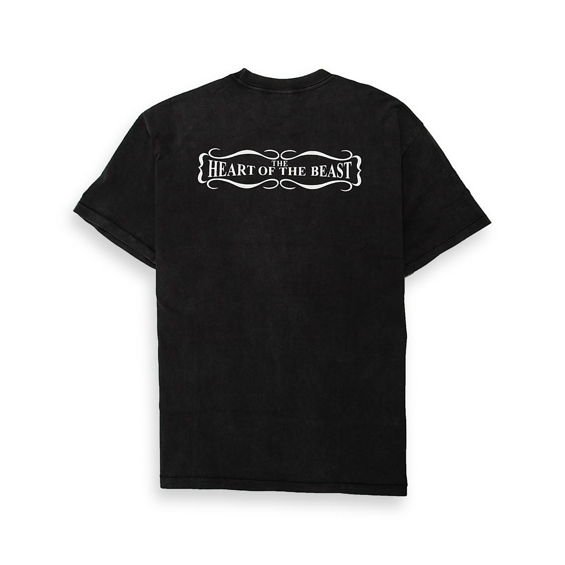 A black, short-sleeve t-shirt with a vintage, washed or faded finish, suggesting a distressed streetwear aesthetic.