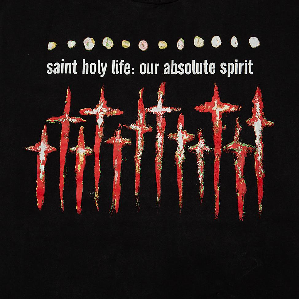 This is a relaxed-fit, short-sleeve crew-neck t-shirt with a distinctive spiritual and edgy graphic.