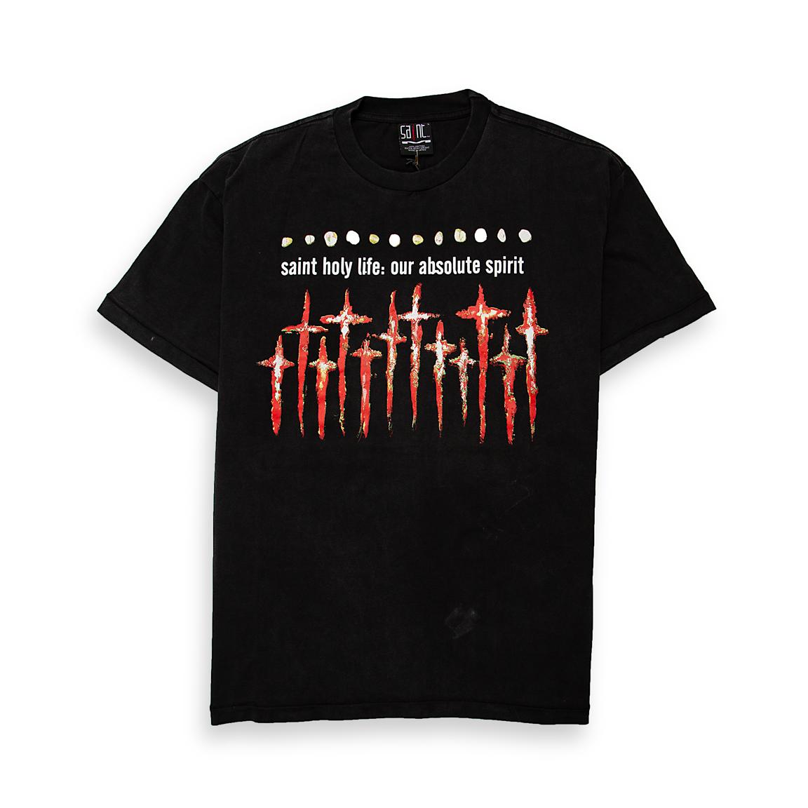 This is a relaxed-fit, short-sleeve crew-neck t-shirt with a distinctive spiritual and edgy graphic.