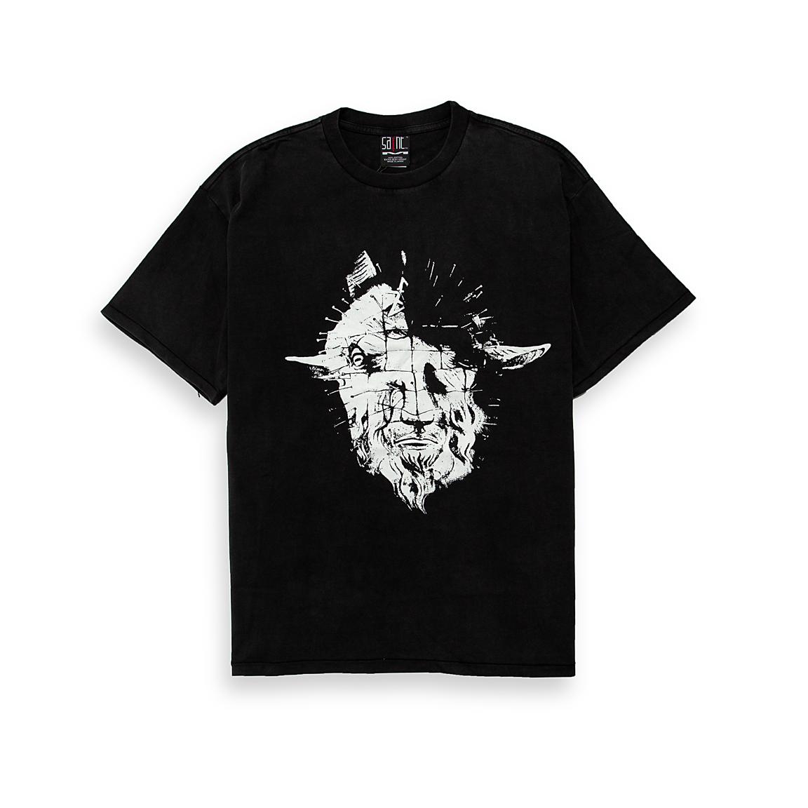 This is a relaxed-fit, short-sleeve t-shirt featuring a striking black and white graphic print.