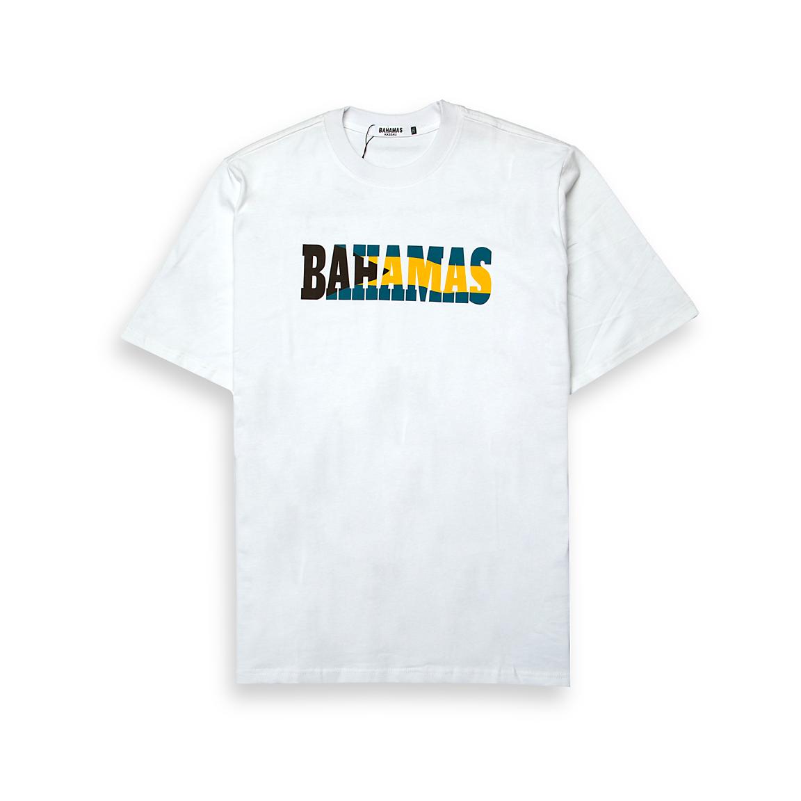 This is a clean, classic crew-neck T-shirt featuring a distinctive graphic print. The word "BAHAMAS" is printed boldly across the chest.
