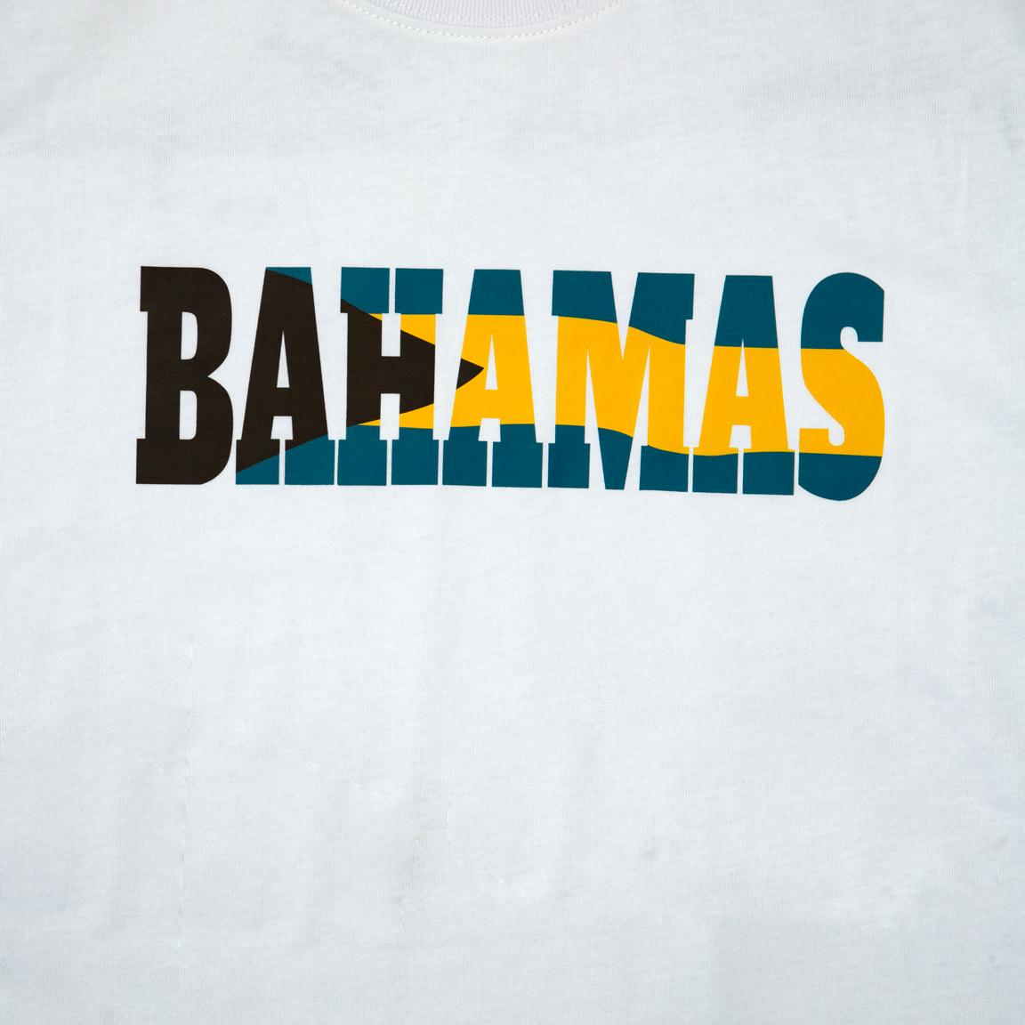 This is a clean, classic crew-neck T-shirt featuring a distinctive graphic print. The word "BAHAMAS" is printed boldly across the chest.