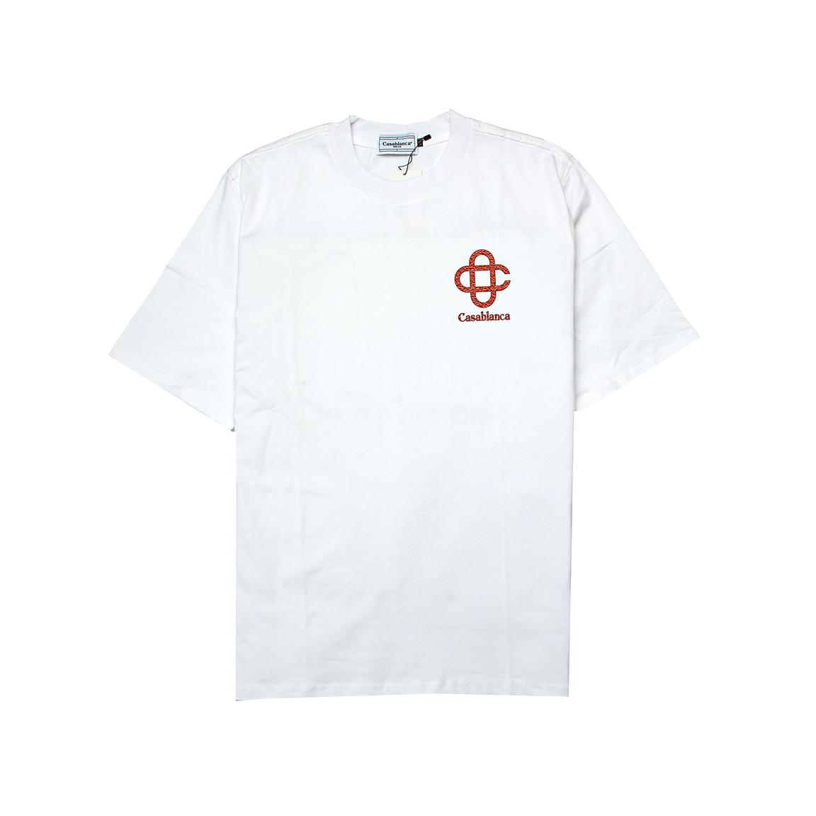 This is a white, short-sleeved, crew-neck T-shirt from the luxury French-Moroccan brand Casablanca.