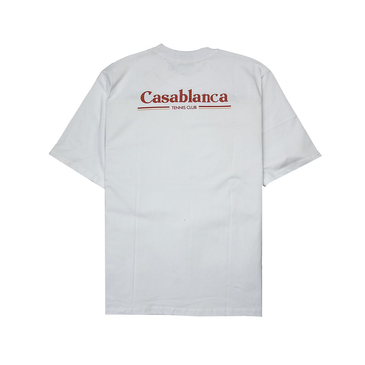 This is a white, short-sleeved, crew-neck T-shirt from the luxury French-Moroccan brand Casablanca.