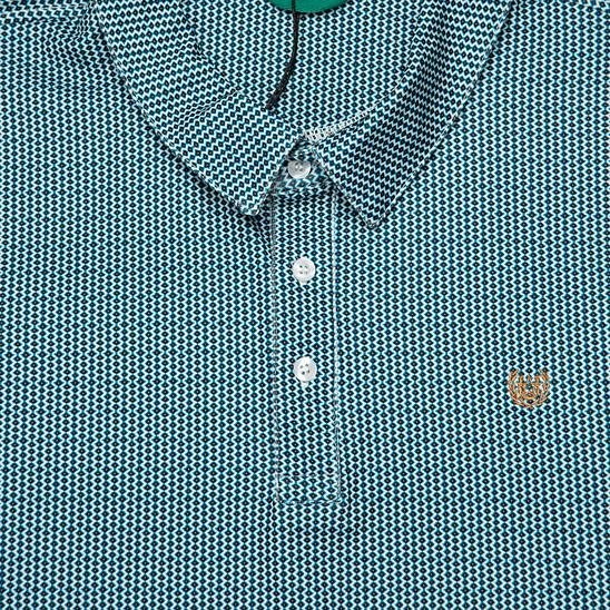 This is a short-sleeleeve polo shirt featuring a classic collar and a two-button placket.