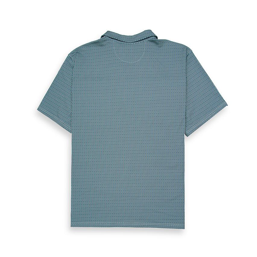 This is a short-sleeleeve polo shirt featuring a classic collar and a two-button placket.