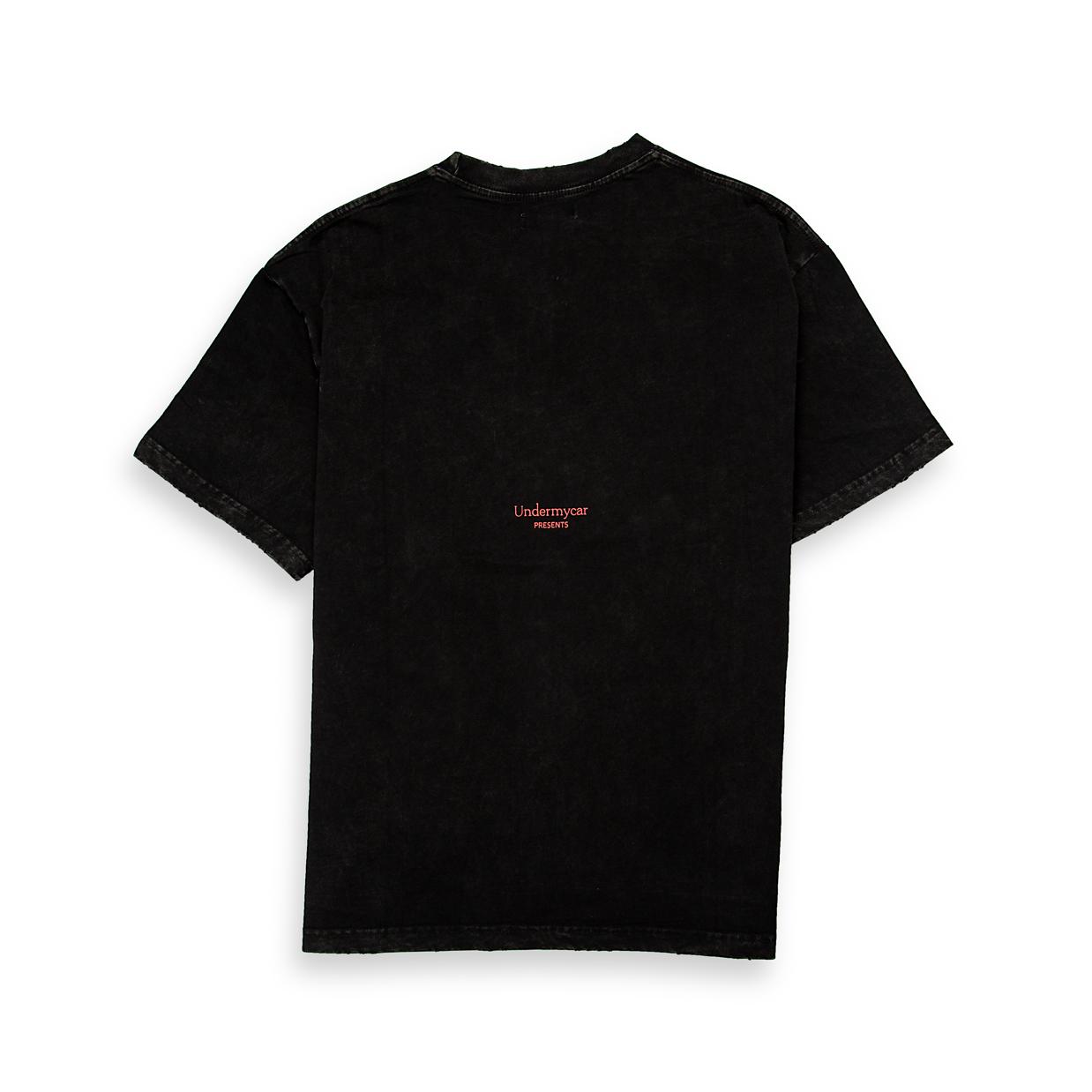 This is an edgy, short-sleeve crew-neck t-shirt with a vintage, distressed finish, suggesting a heavy wash or garment-dyed process.