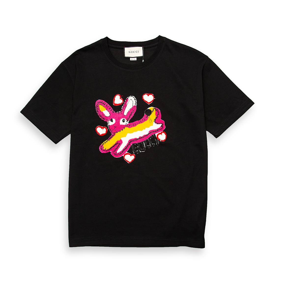 This is a premium, black, short-sleeve crew-neck t-shirt from the luxury brand GUCCI.